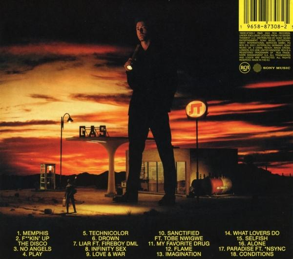 Albumcover mit einem Mann an einer Tankstelle. Sonnenuntergang, Wüstenhintergrund. Albumtitel und Titelliste.