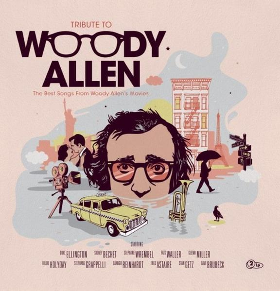 Albumcover mit Cartoon-Art, Woody Allens Porträt und Szenen aus seinen Filmen.