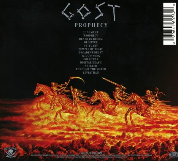 Albumcover mit dem Namen einer Metal-Band und Songtiteln. Kunstwerk zeigt Skelette auf Pferden in der Hölle.