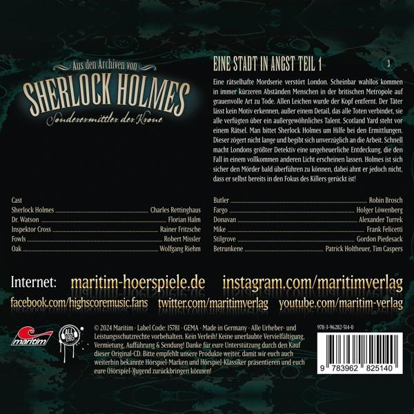 Sherlock Holmes Buchcover. Text und eine Liste von Charakteren. Der Hintergrund ist grau.