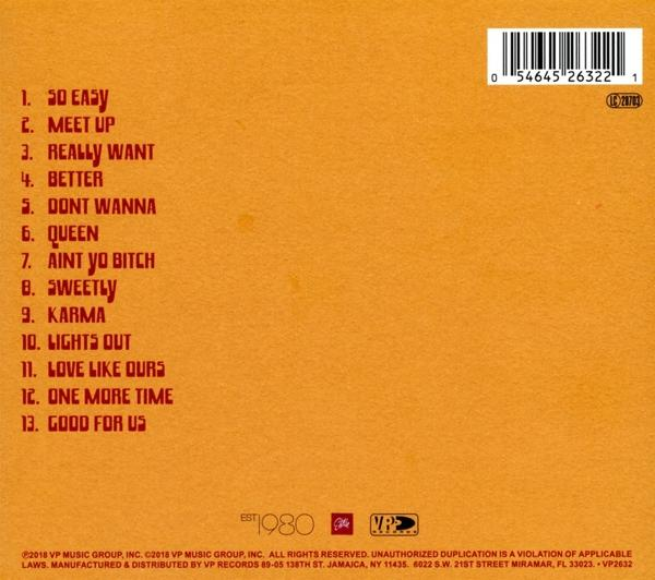 Rückseite eines Albums mit Trackliste und Copyright-Informationen in orangefarbenem Text.