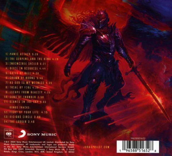 Albumcover mit Krieger, Schwert und Textlisten, roter Hintergrund.