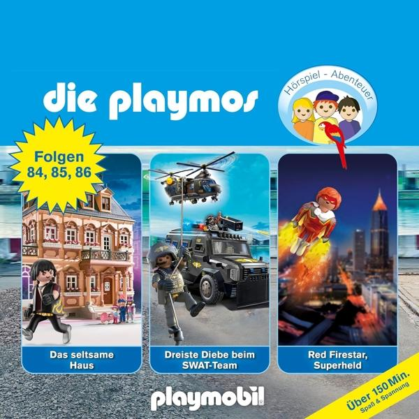 Playmobil-Boxart. Bilder von einem Haus, einem SWAT-Team und einem Superhelden. Text auf Deutsch.