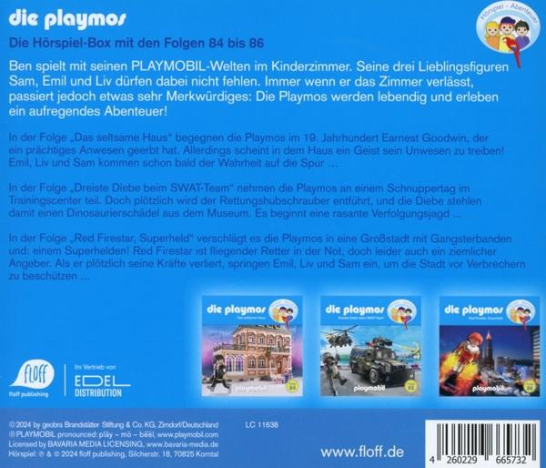 Rückseite eines Playmos-Buches. Text auf Deutsch, mit Bildern von Playmos-Charakteren und Szenen.