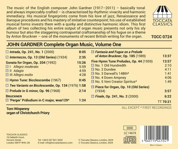 CD-Rückseite: John Gardner Complete Organ Music, Vol. 1. Tracklist mit Zeiten.
