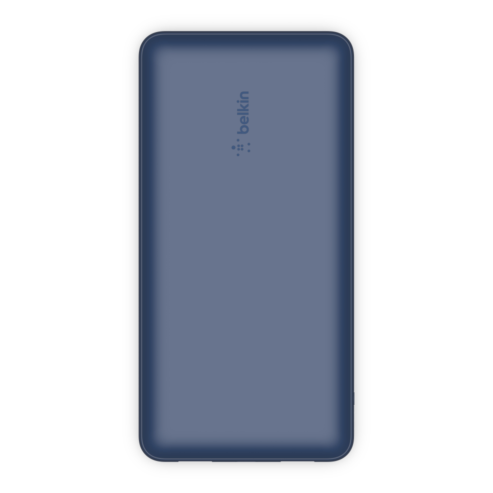 Mavi bir Belkin powerbank, üstünde Belkin logosu bulunan dikdörtgen bir cihaz.