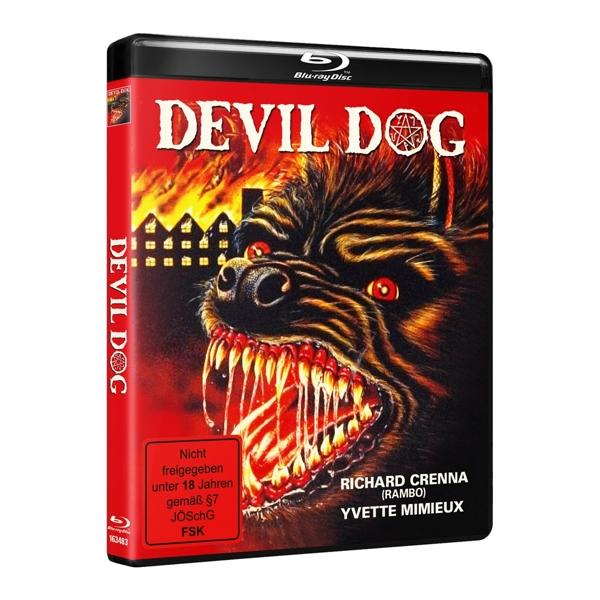 Filmcover: ein Hund mit scharfen Zähnen. Titel: DEVIL DOG. Das Cover ist rot mit schwarzem Rand.