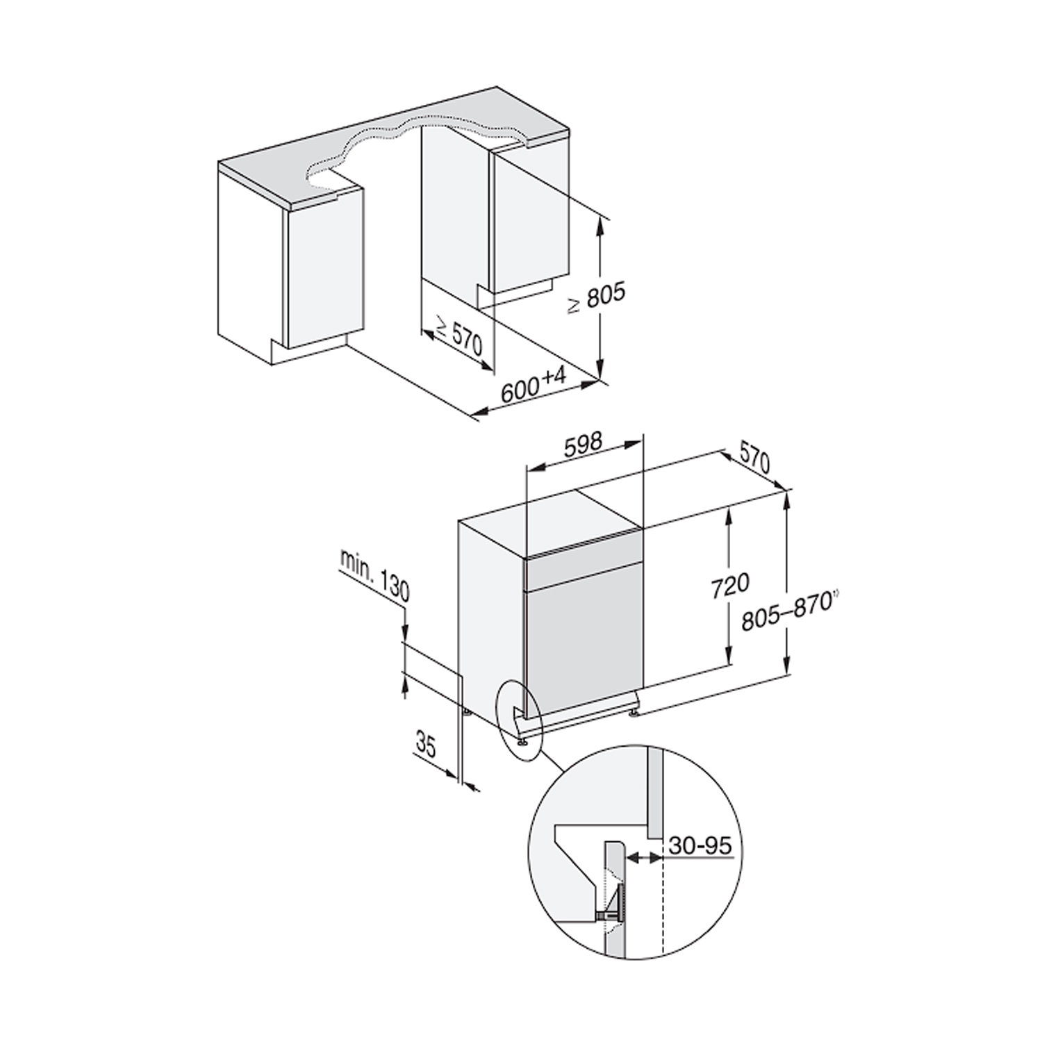 Disegno tecnico di una lavastoviglie con dimensioni e misure.