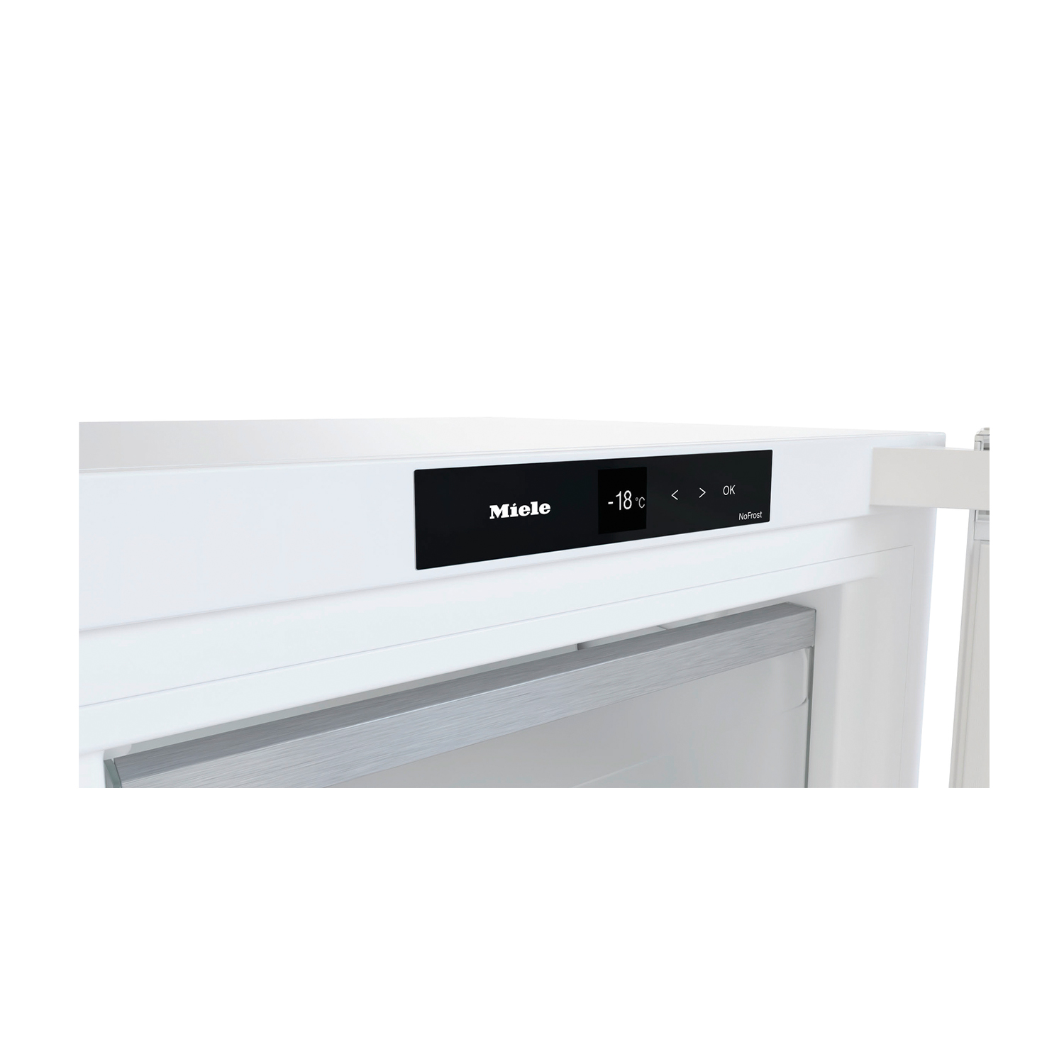 Pannello comandi frigorifero con logo Miele, display temperatura e pulsante OK.