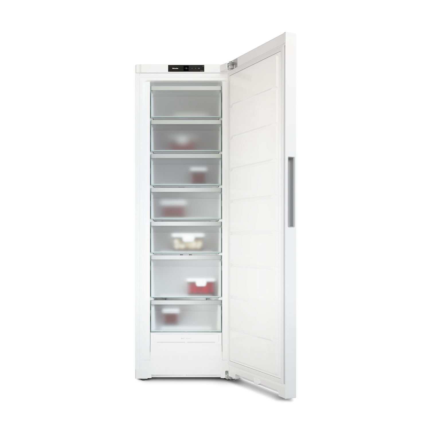 Un congelatore bianco aperto. Ha diversi cassetti con contenuto e un display digitale nella parte superiore.