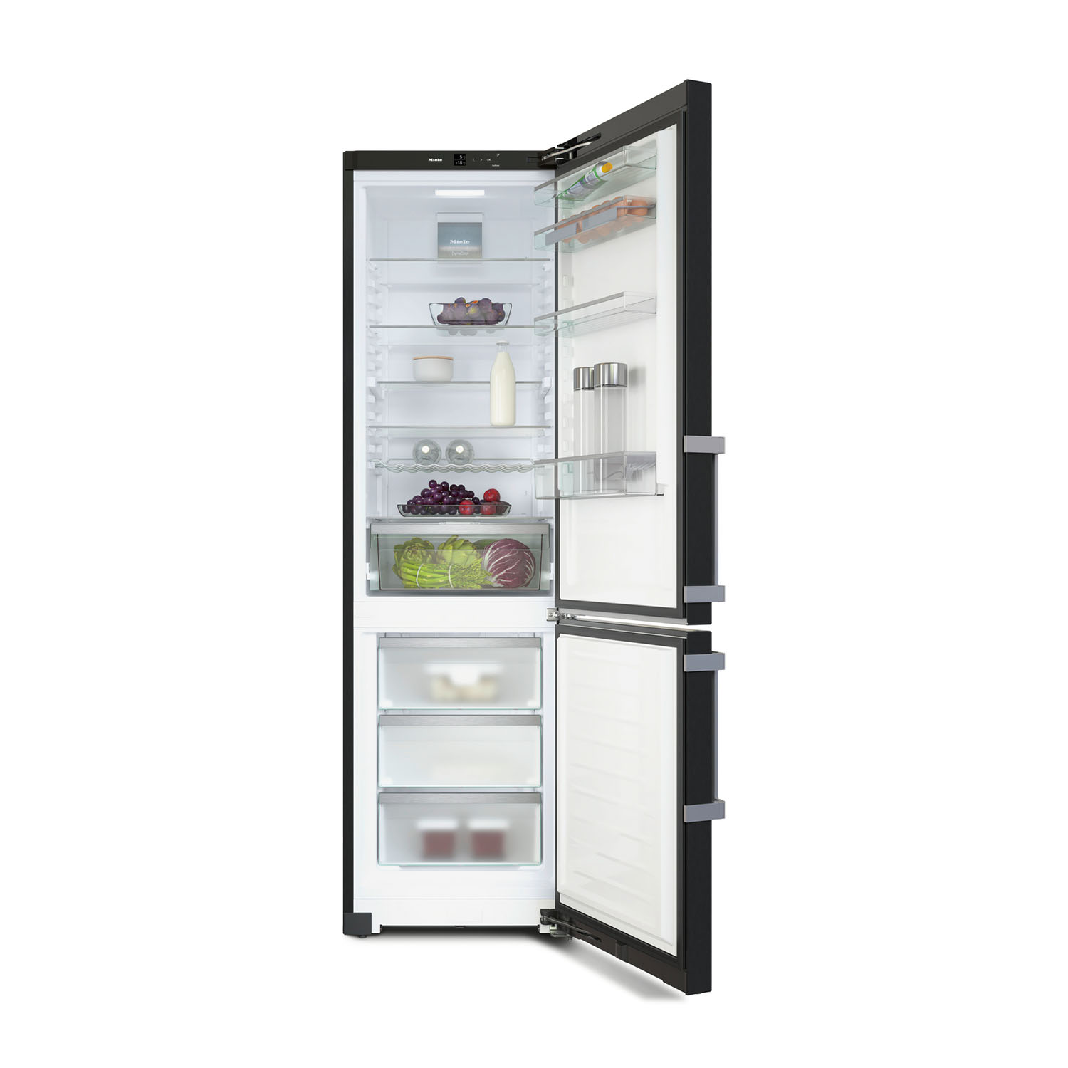 Un frigorifero nero con la porta aperta, che rivela ripiani con cibo.