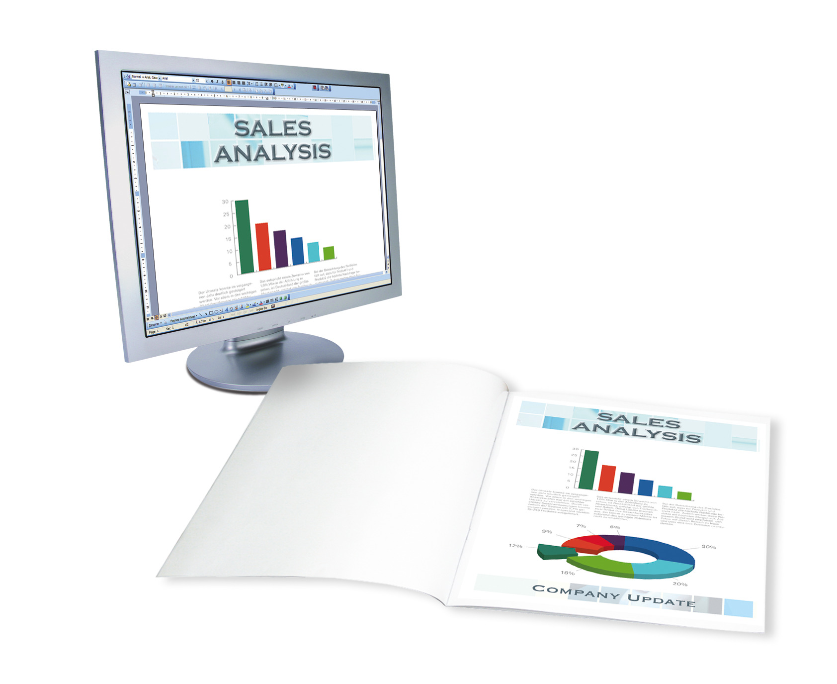 Computermonitor mit Diagramm, darunter ein gedruckter Bericht.