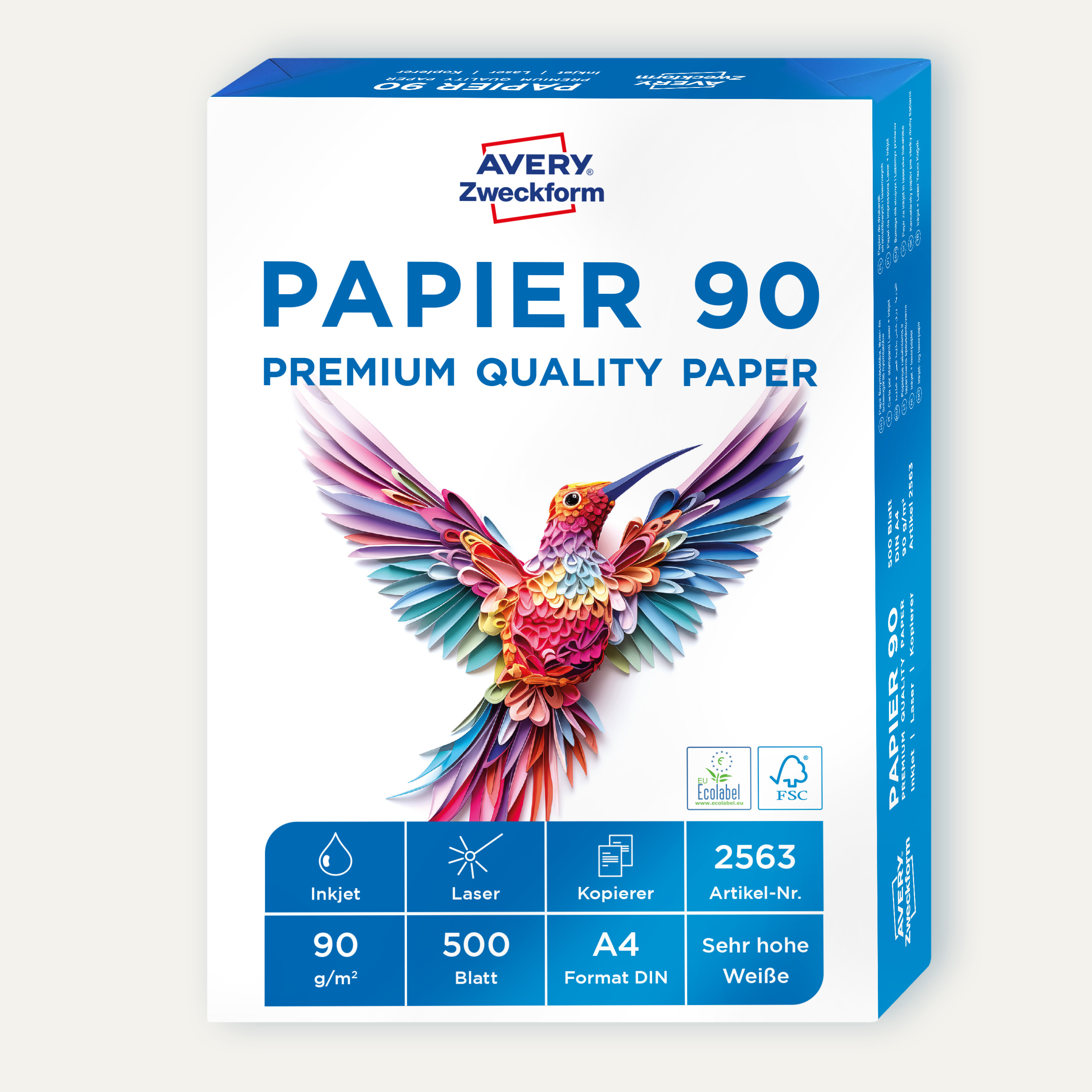 Papierbox mit einer bunten Vogelillustration und Text zur Papierqualität.