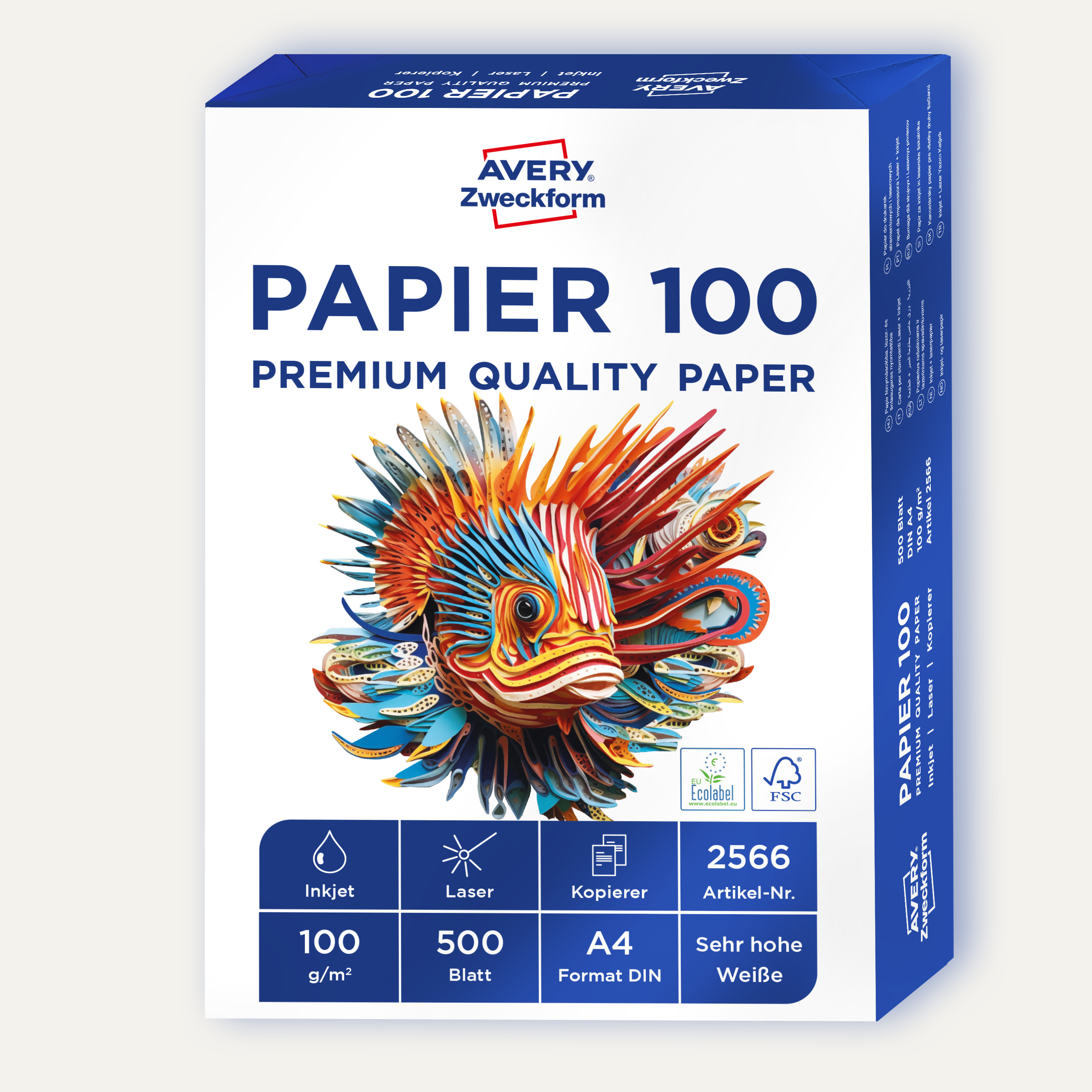 Eine Packung weißes Papier mit buntem Fischdesign, beschriftet mit 'Papier 100'.