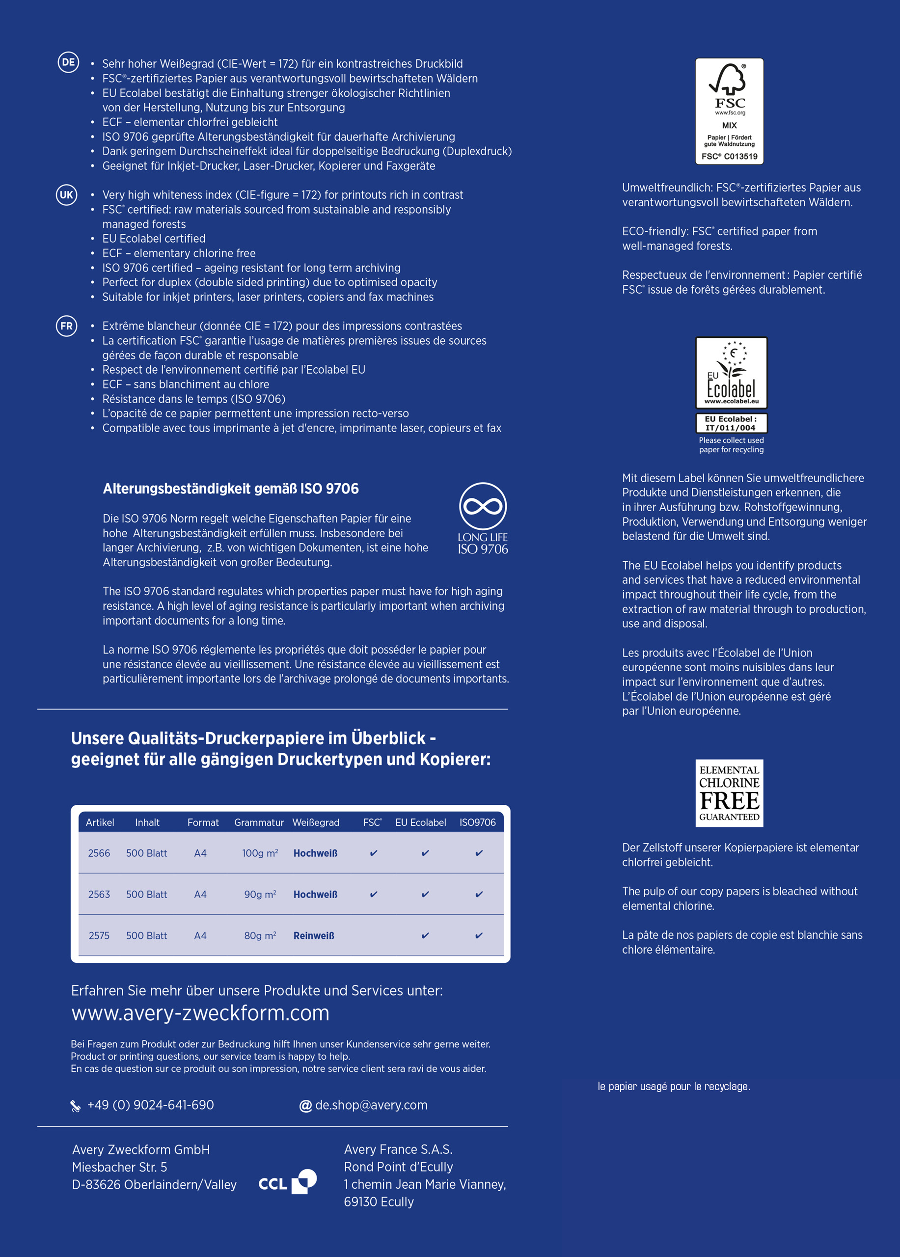 Dokument mit Text in mehreren Sprachen. Es zeigt Details zur Papierqualität und Umweltstandards.