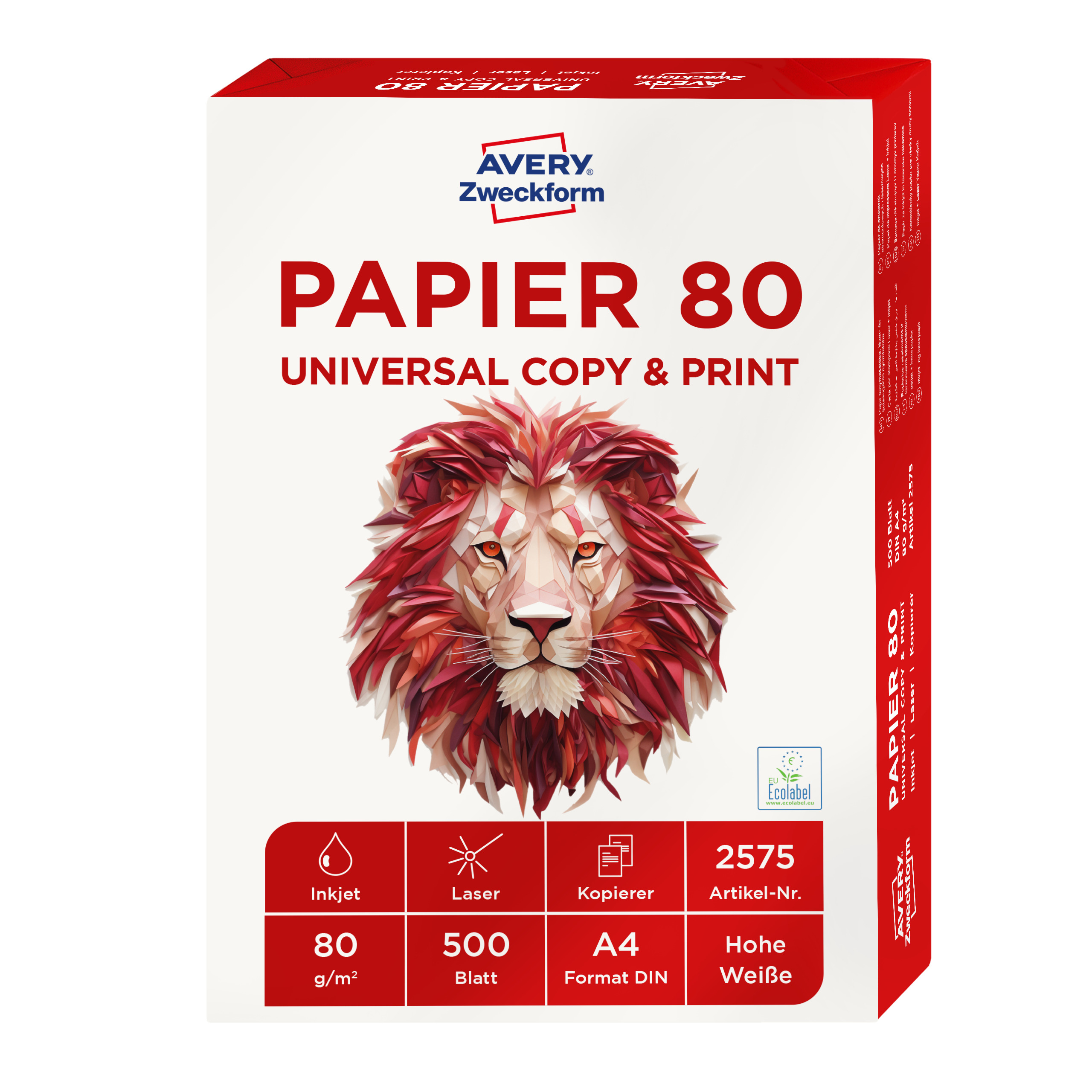 Karton weißes Papier. Das Etikett hat ein Löwenbild, Text: PAPIER 80 UNIVERSAL COPY & PRINT.