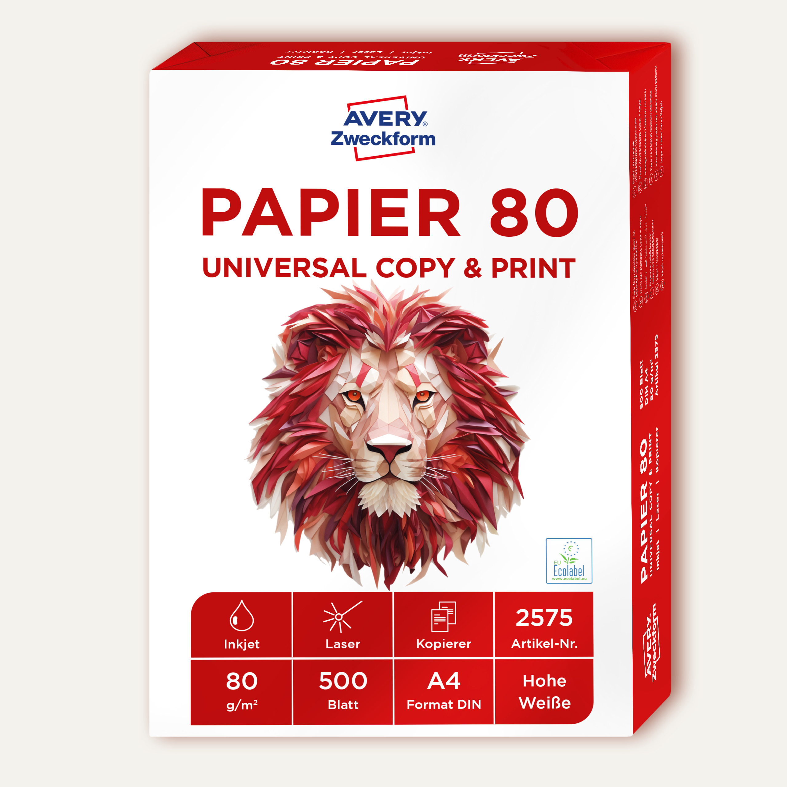 Schachtel mit AVERY Zweckform Papier, rote Löwenillustration und Produktdetails.