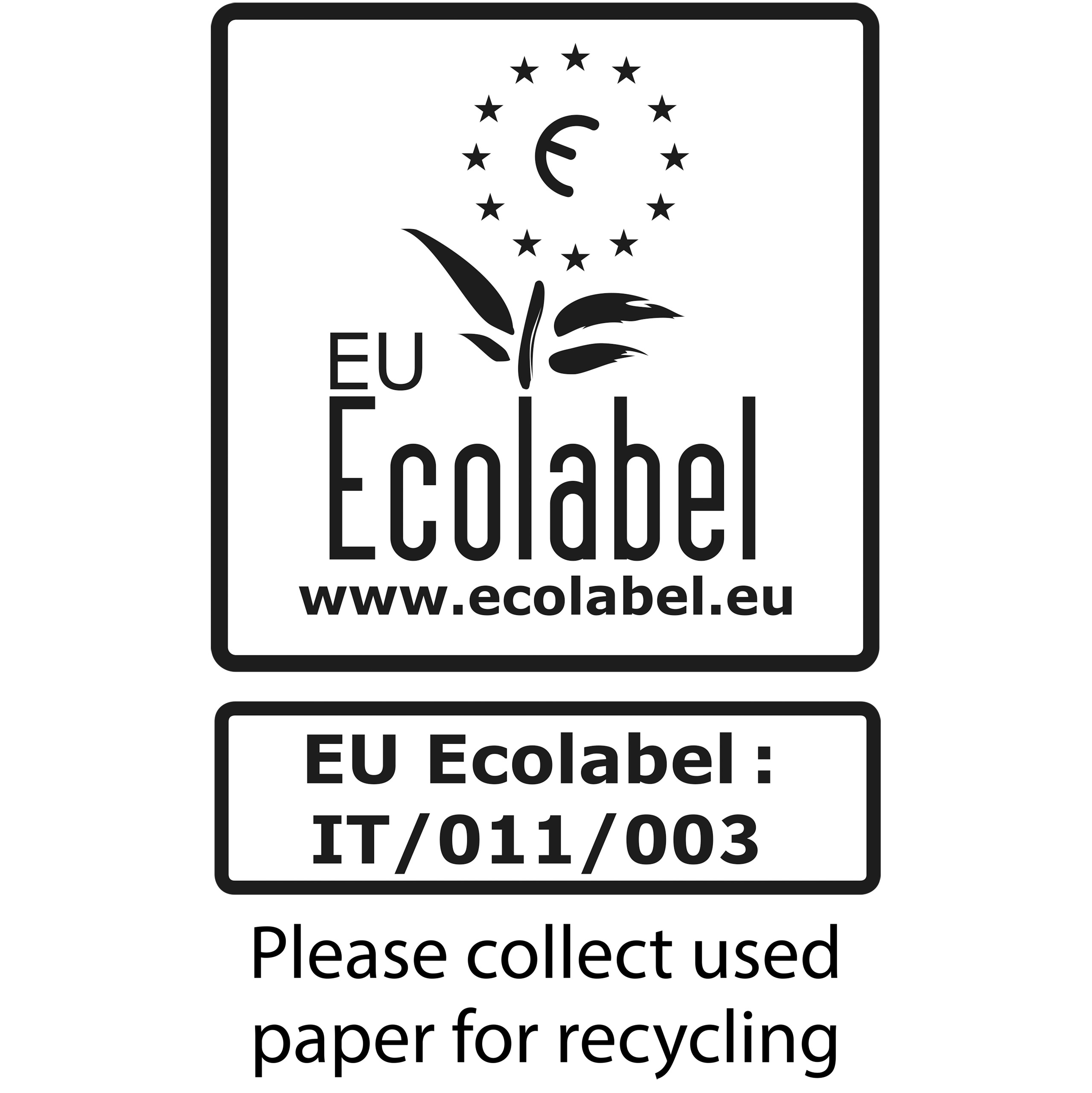 Ein quadratisches EU-Umweltzeichen mit Text und Sternen sowie dem Text: Bitte Altpapier sammeln.
