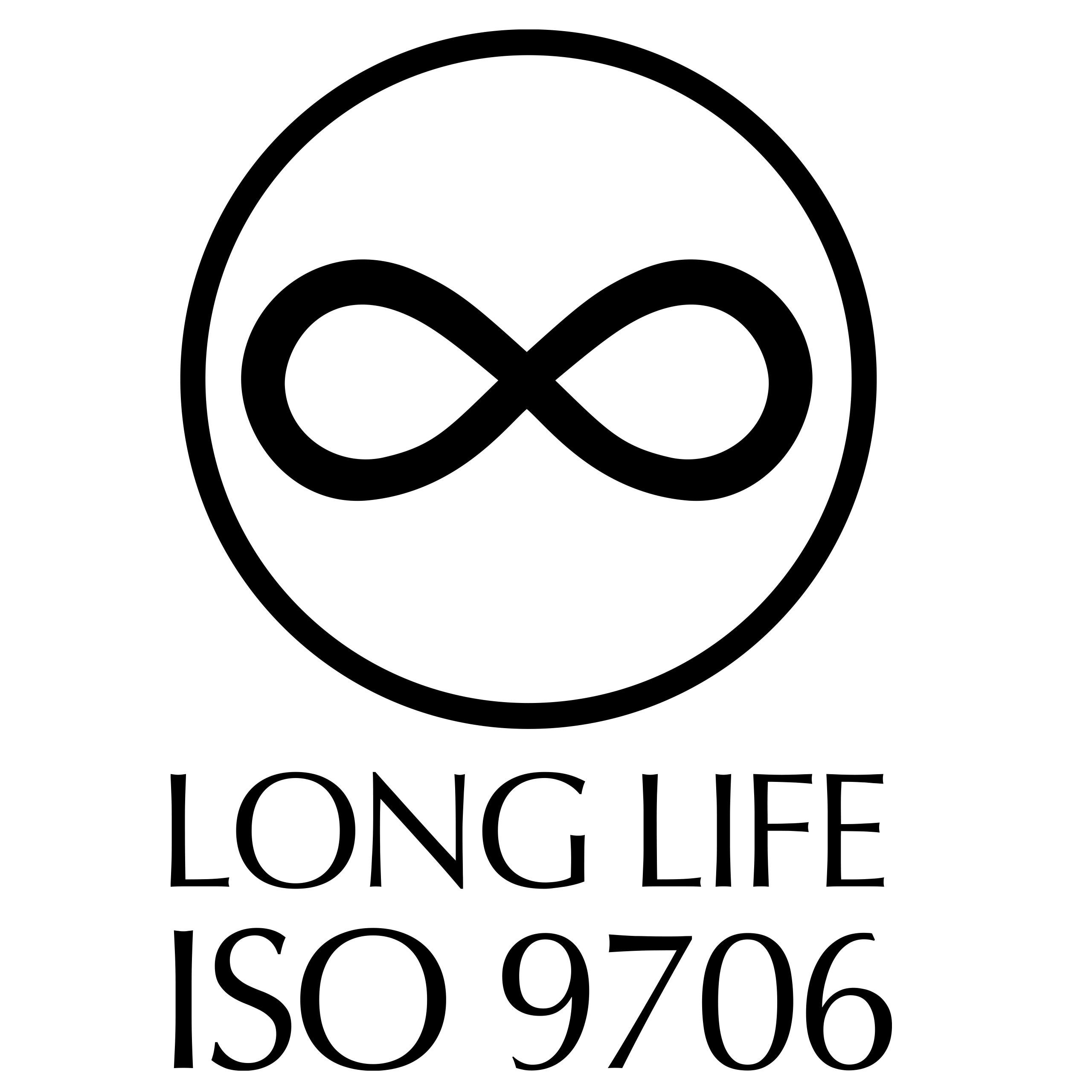Schwarzes Unendlichkeitssymbol in einem schwarzen Kreis, Text 'LONG LIFE ISO 9706'.