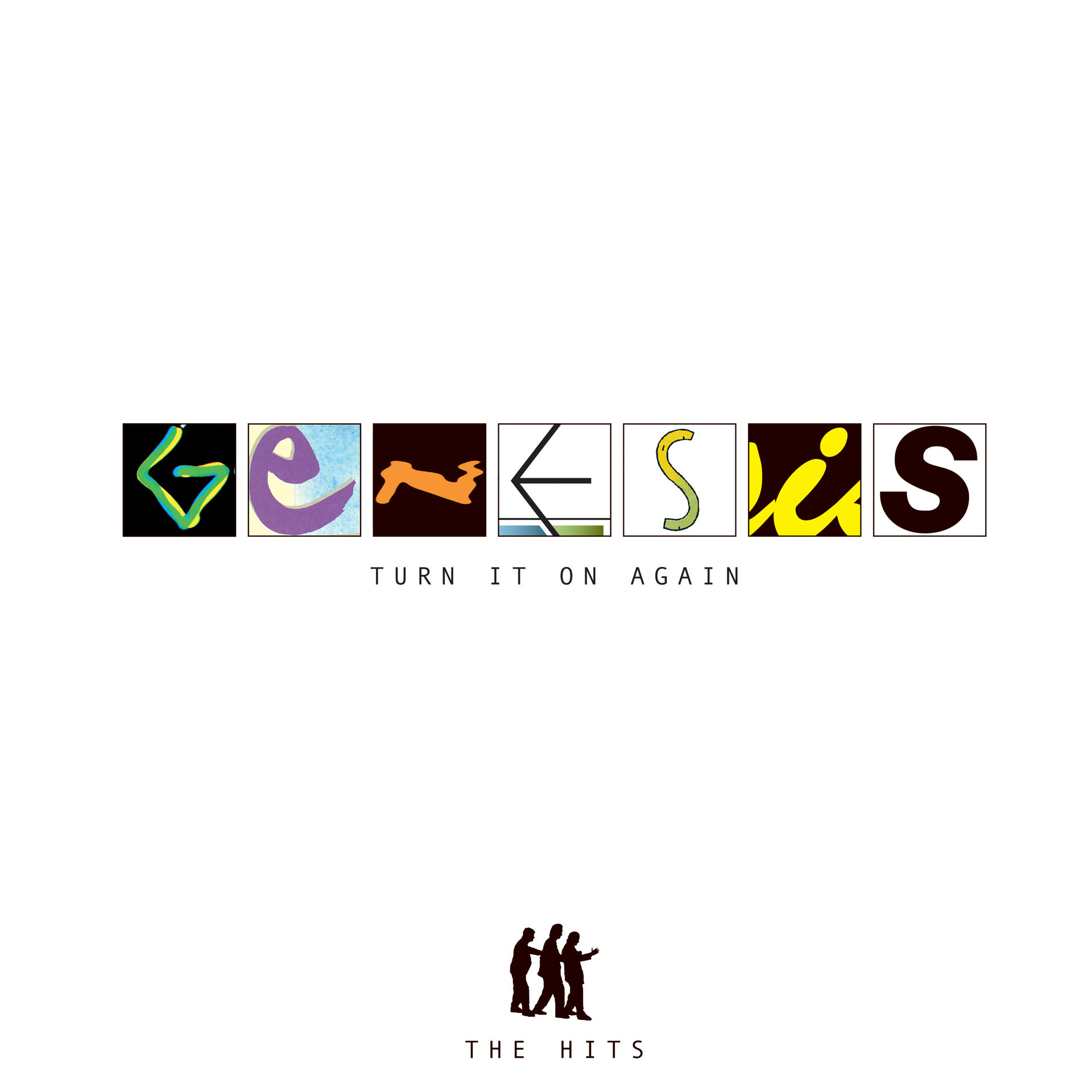 Albumcover für Genesis' 'Turn It On Again' mit bunten, stilisierten Buchstabenblöcken und Bandnamen.