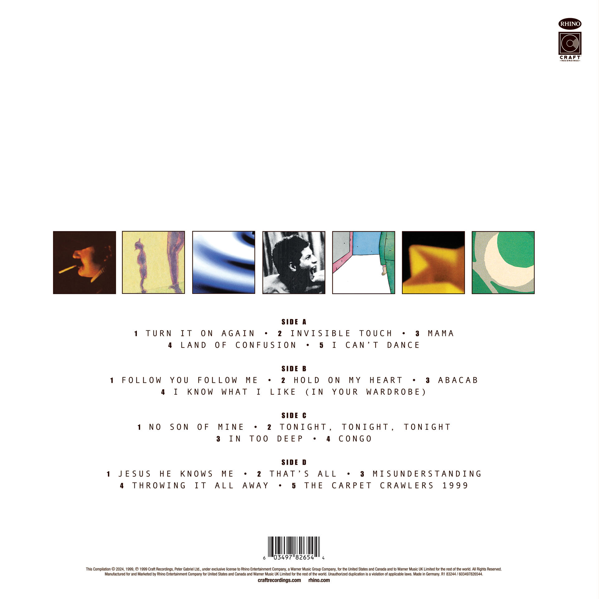 Die Rückseite eines Vinylalbums mit Titellisten und Bildern.