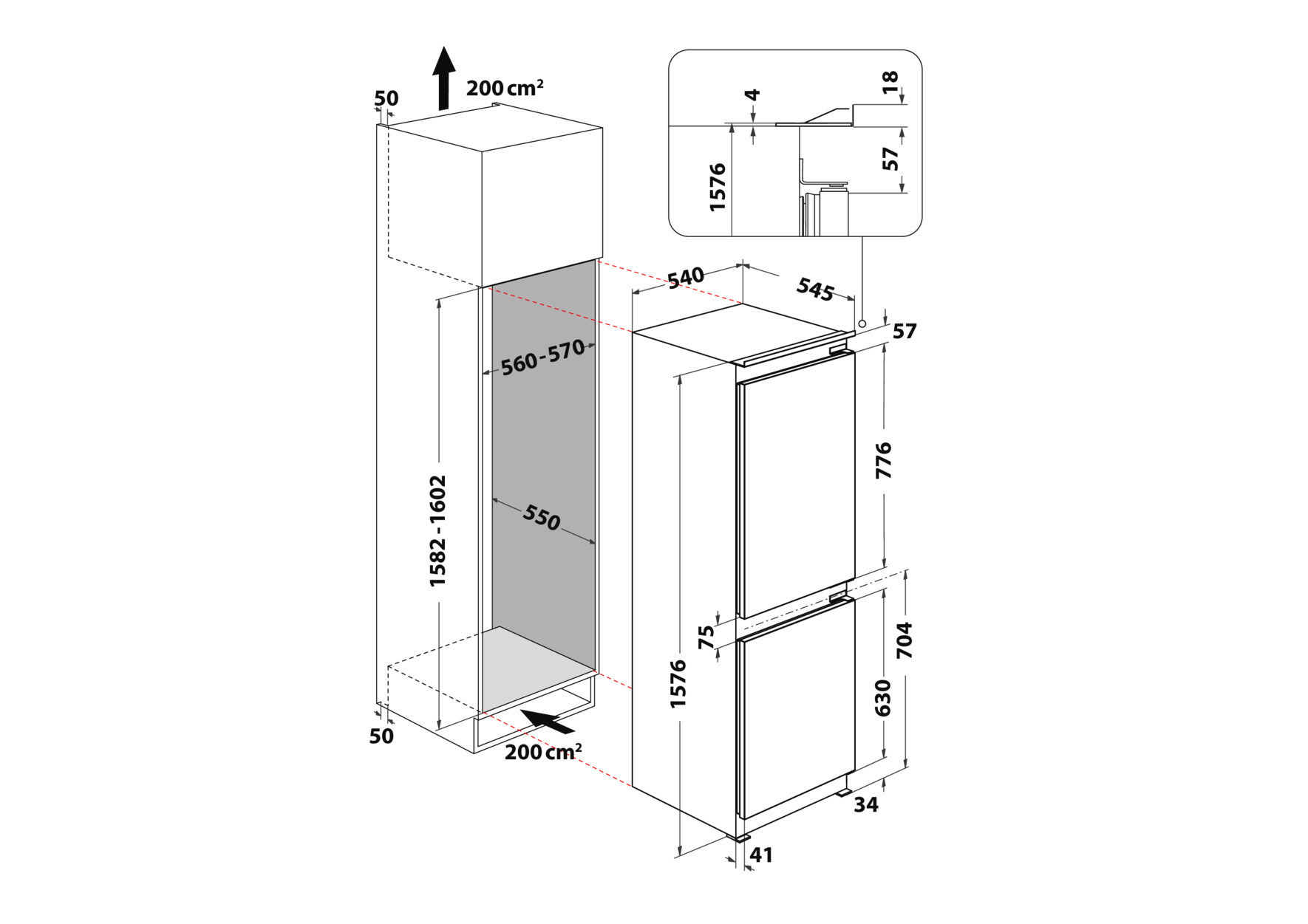 Diagramm eines Kühlschranks mit Abmessungen. Weißer Hintergrund, mit Pfeilen.