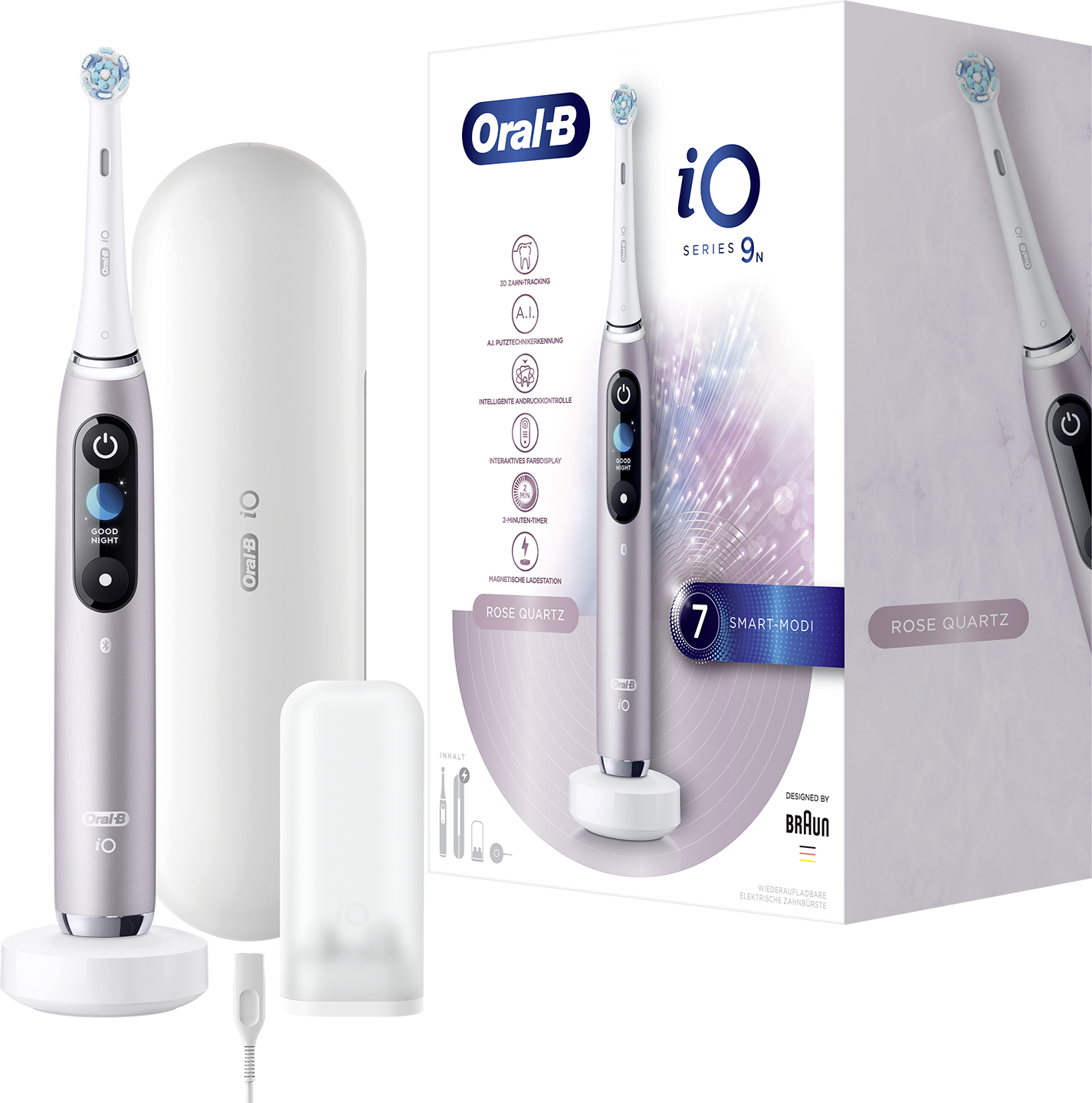 Oral-B iO Series 9N elektromos fogkefe készlet, töltőállvánnyal és utazótokkal.