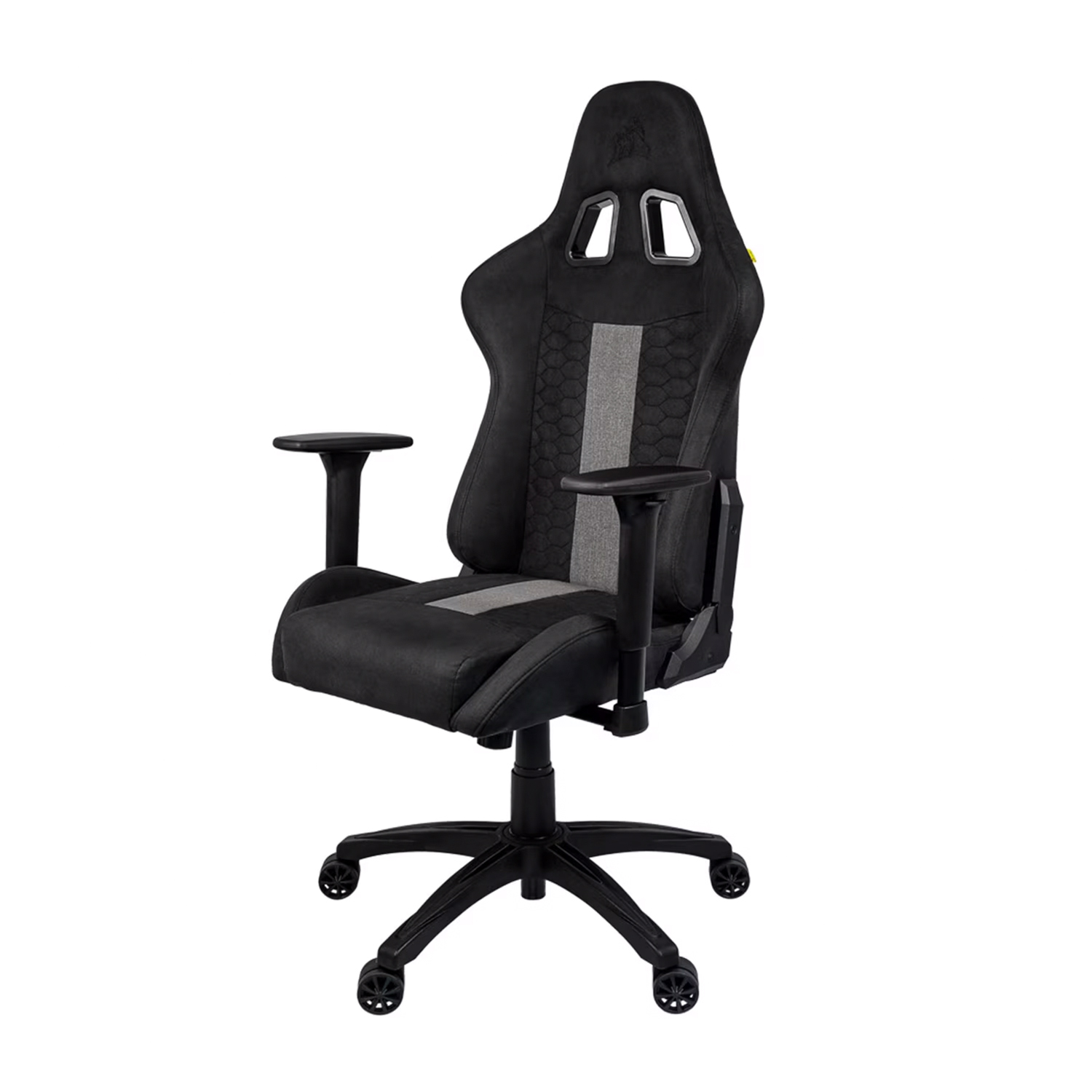 Una sedia da gaming nera con accenti grigi, braccioli e base nera, rivolta in avanti.