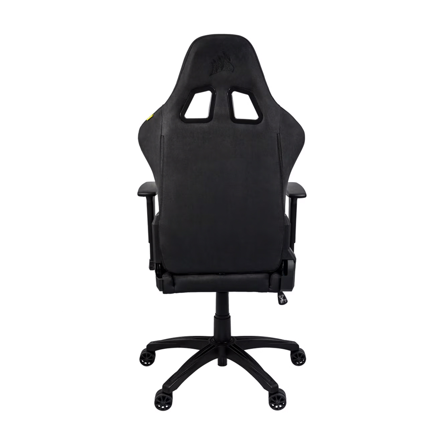 Vista posteriore di una sedia da gaming nera su sfondo bianco. Ha uno schienale alto con due fori e ruote.