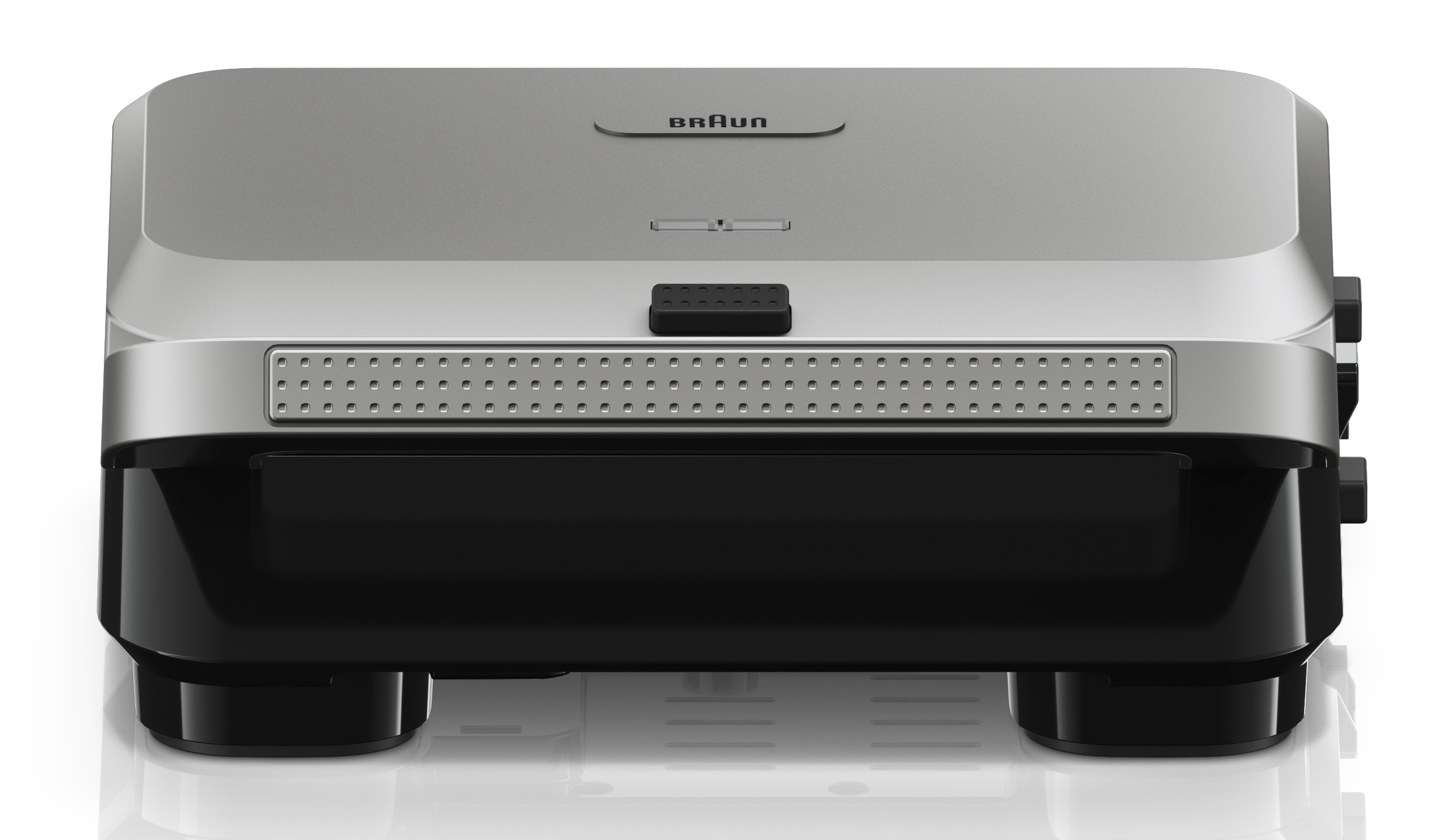 Srebrny grill Braun, widok z przodu, z czarnymi akcentami.