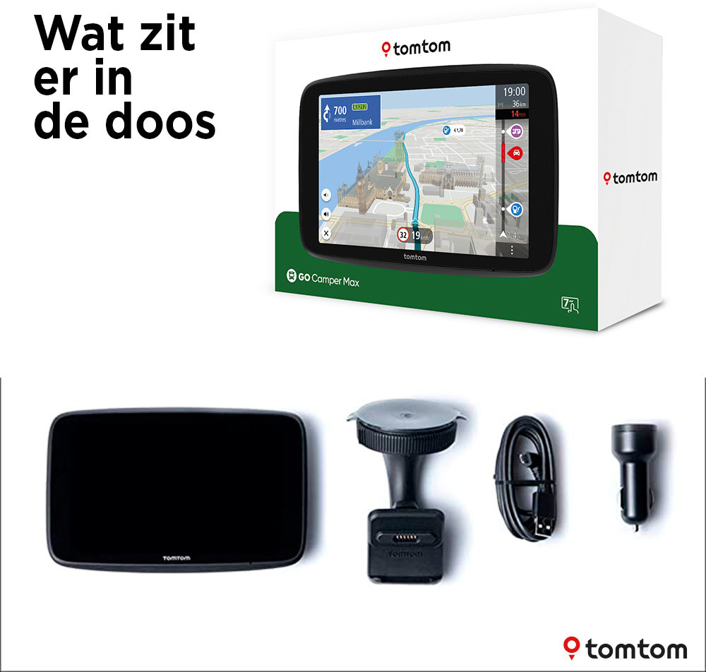 TomTom Go Camper Max GPS-toestel en accessoires in een doos, inclusief een houder en kabel.