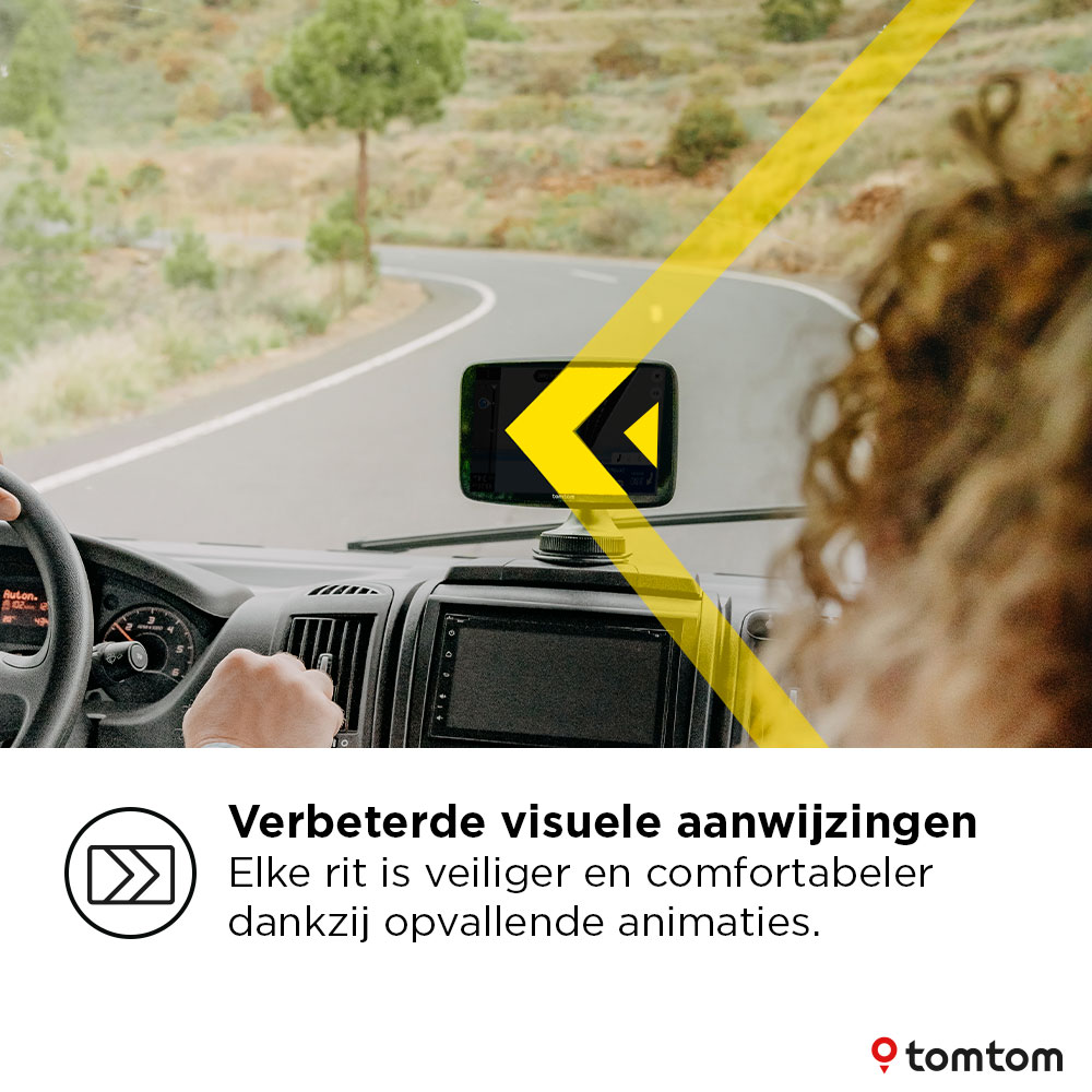 Car dashboard with navigation screen and road illustration.