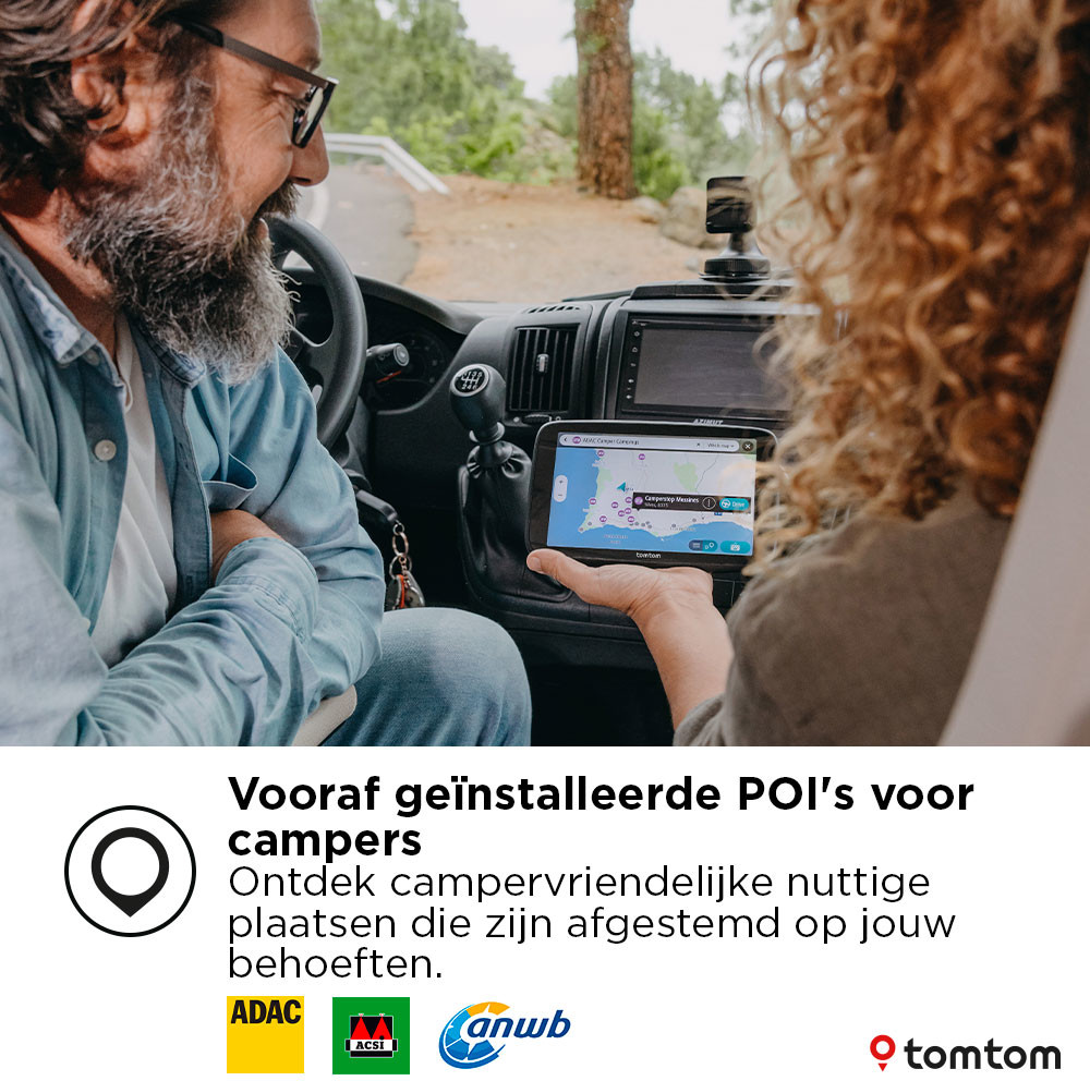 People in a camper looking at a navigation screen, with map and camping-related logos.