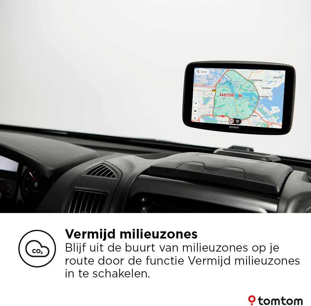 A car dashboard with a TomTom GPS showing Amsterdam. The dashboard is black. The background is white.