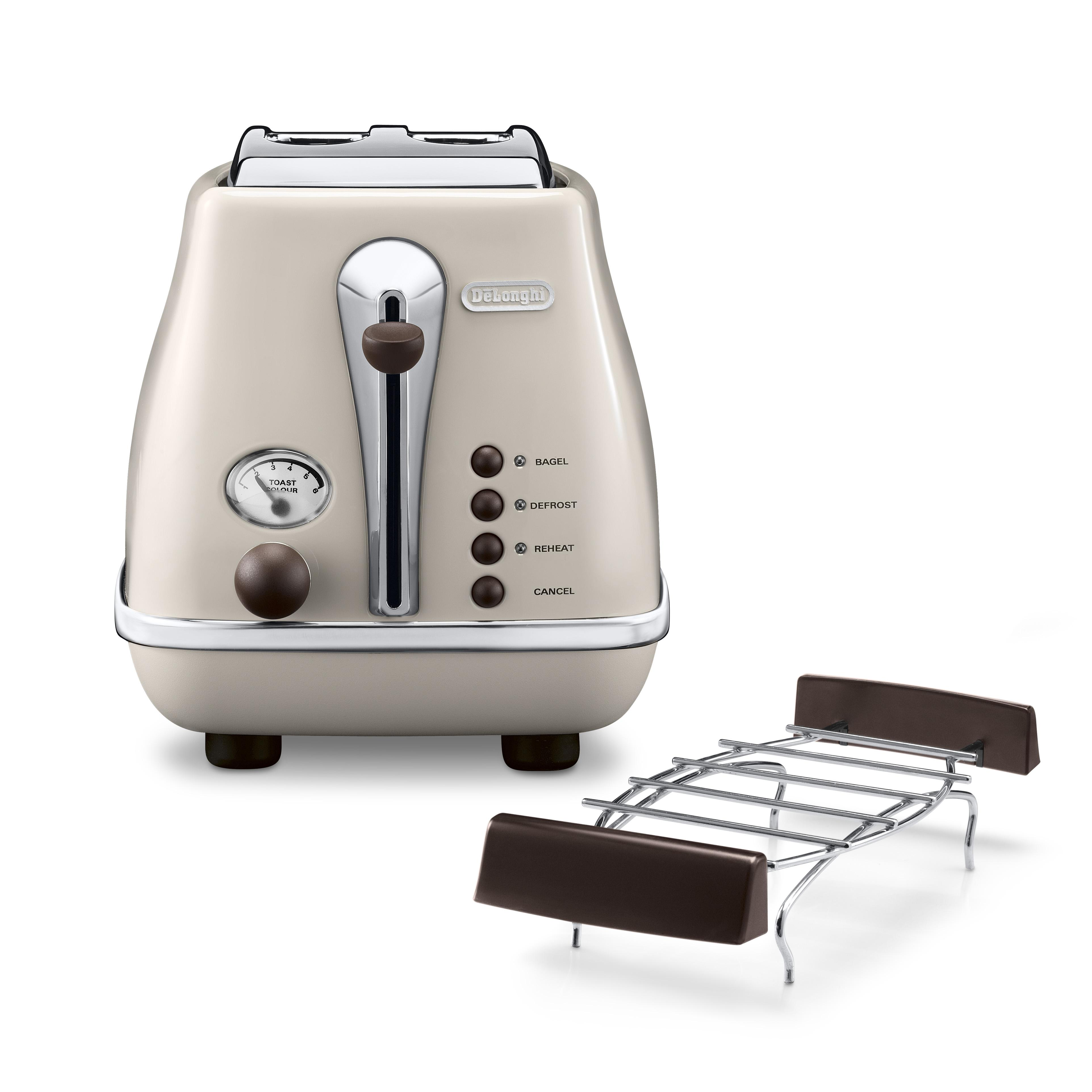 Beżowy toster z brązowymi akcentami i chromowaną dźwignią, z rusztem do podgrzewania.
