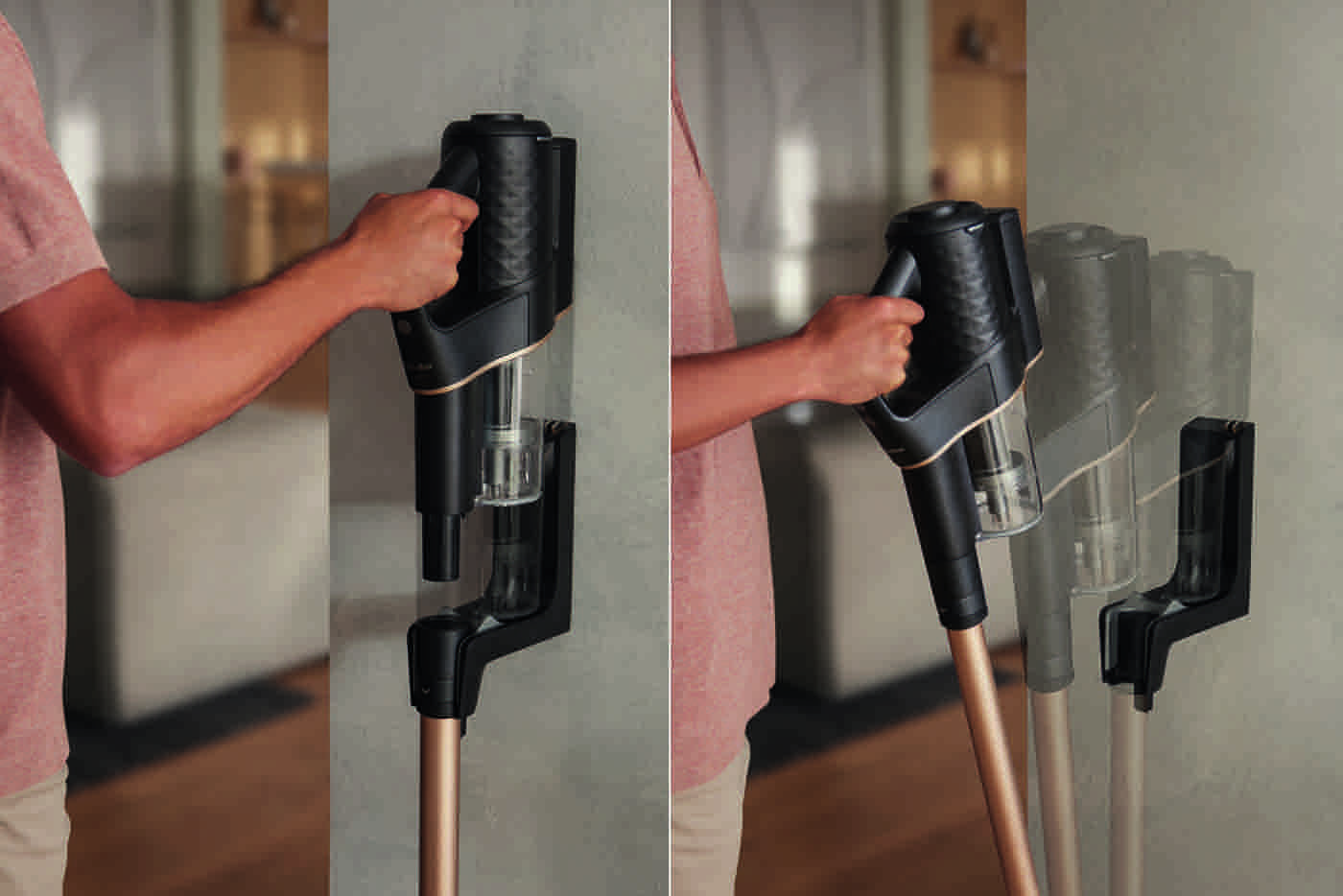 Osoba używająca czarno-złotego bezprzewodowego odkurzacza na uchwycie ściennym.