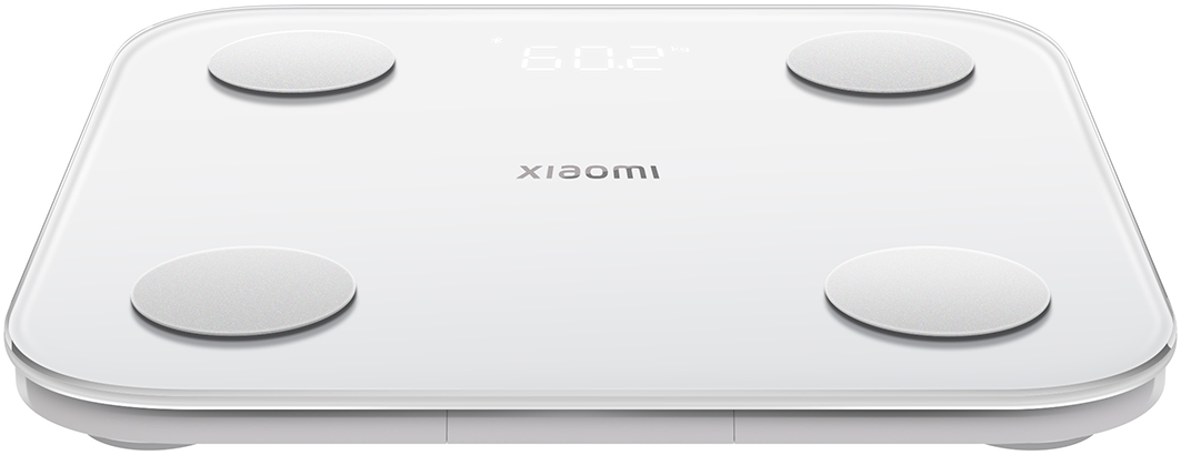 Fehér Xiaomi okosmérleg négy kör alakú párnával és kijelzővel.