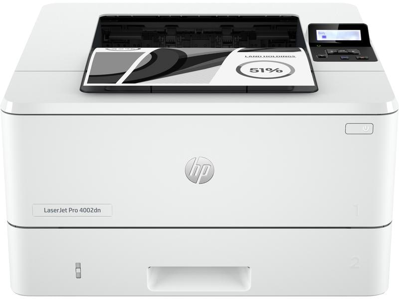 Une imprimante laser blanche HP LaserJet Pro 4002dn sur une surface plane avec un document imprimé.