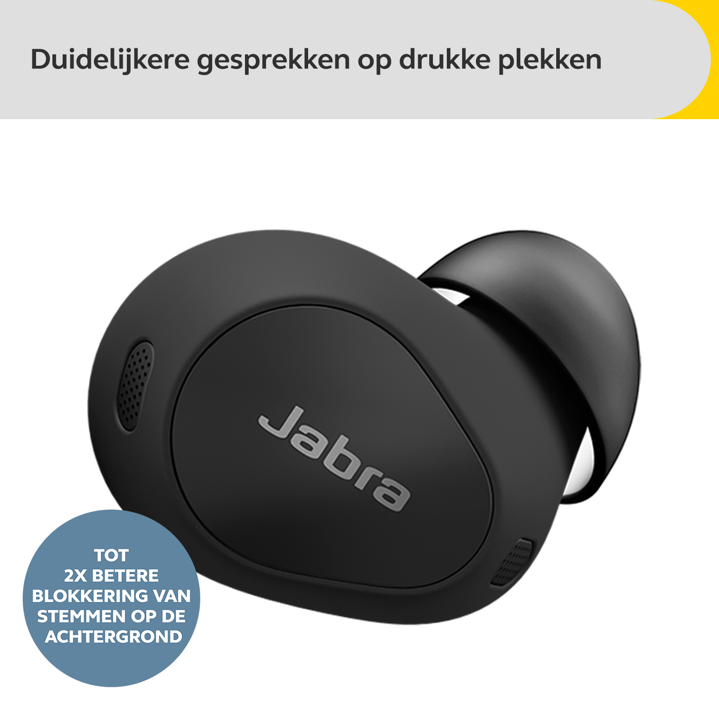Zwarte Jabra-oordop, met tekst en een blauwe cirkel, op een witte achtergrond.