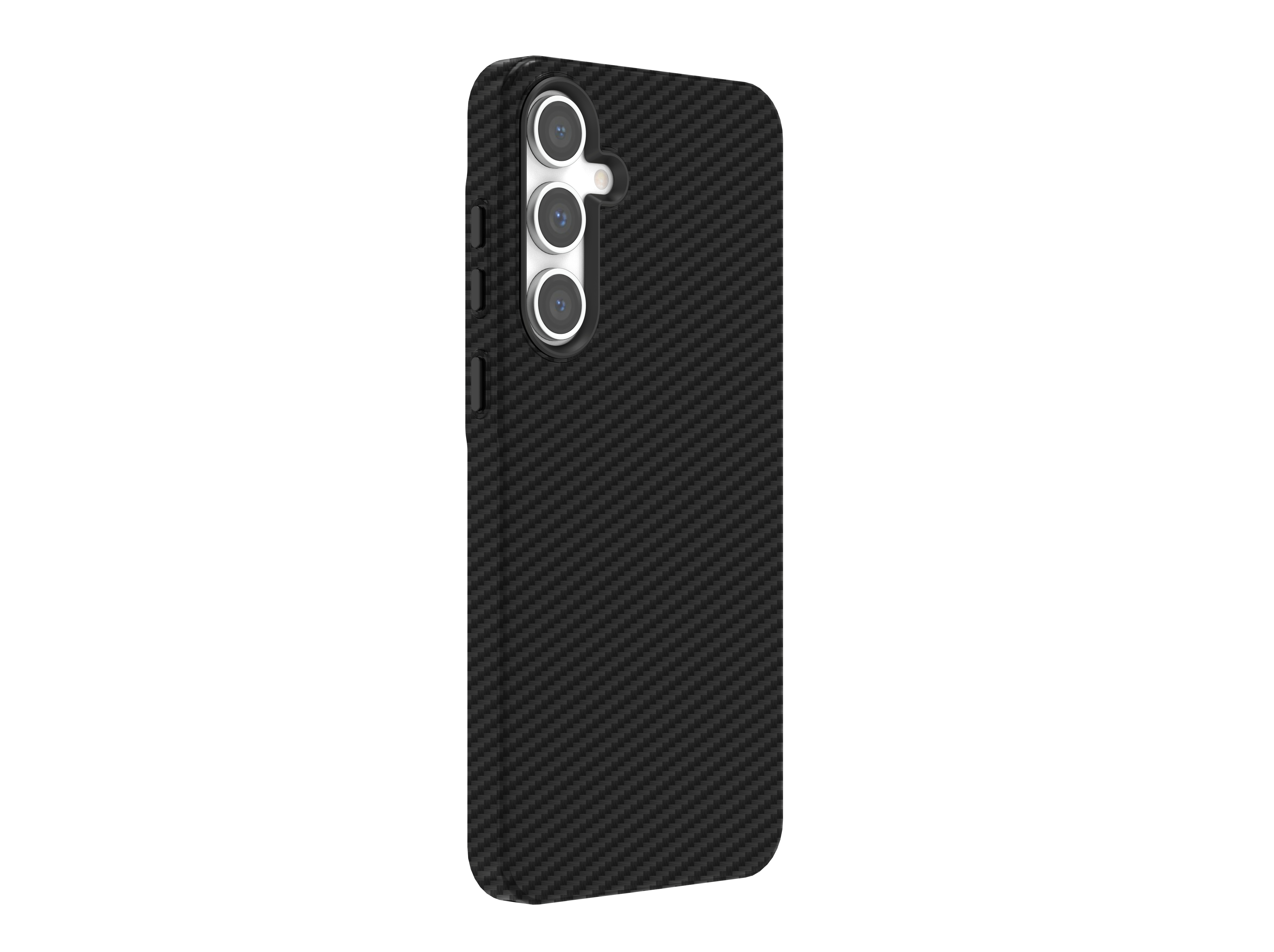 Schwarze Handyhülle mit Carbonfaser-Muster. Mit Kameraaussparungen und Seitentasten.