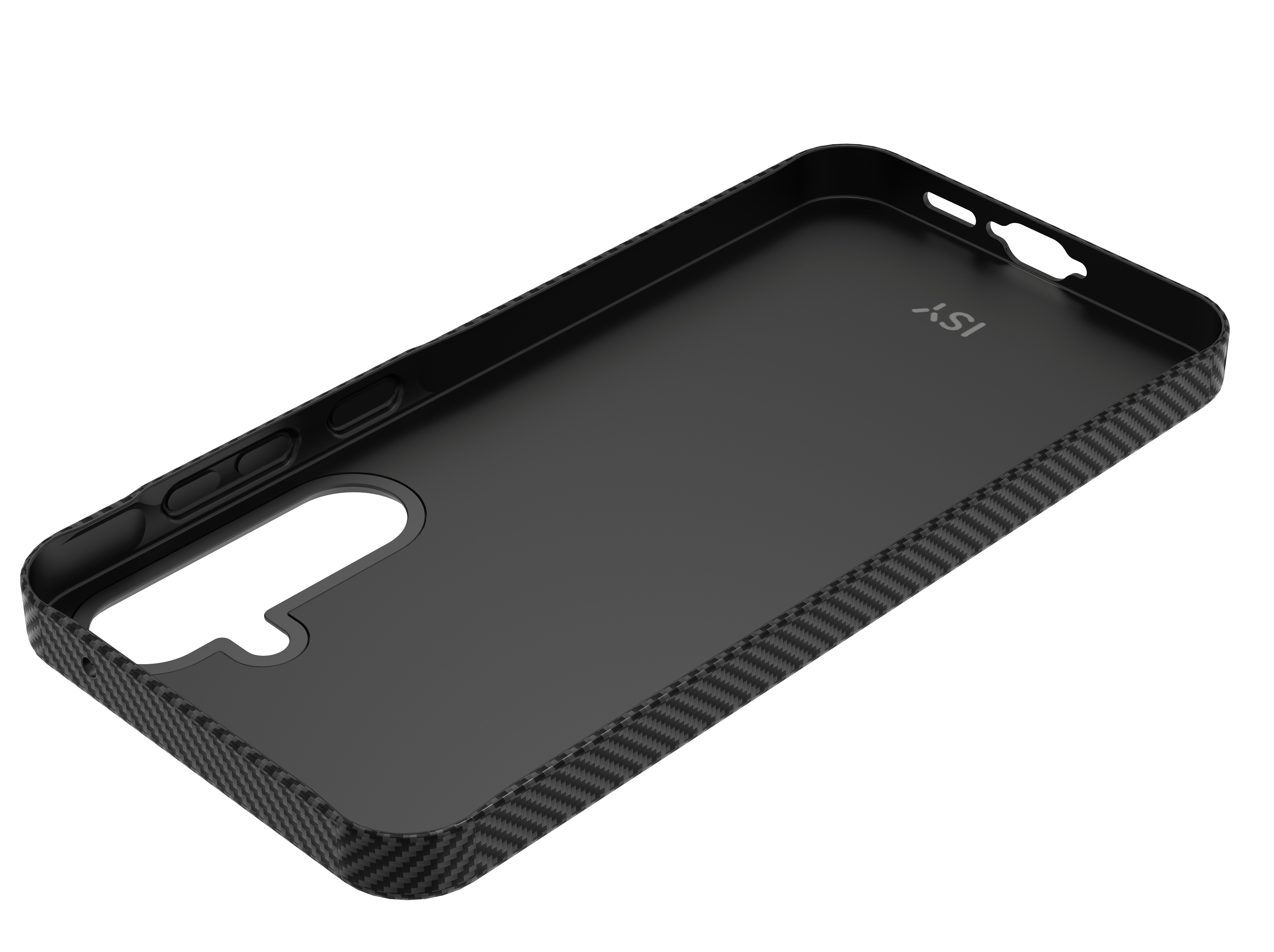 Schwarze Handyhülle mit Carbonfaser-Textur am Rand, Innenansicht.