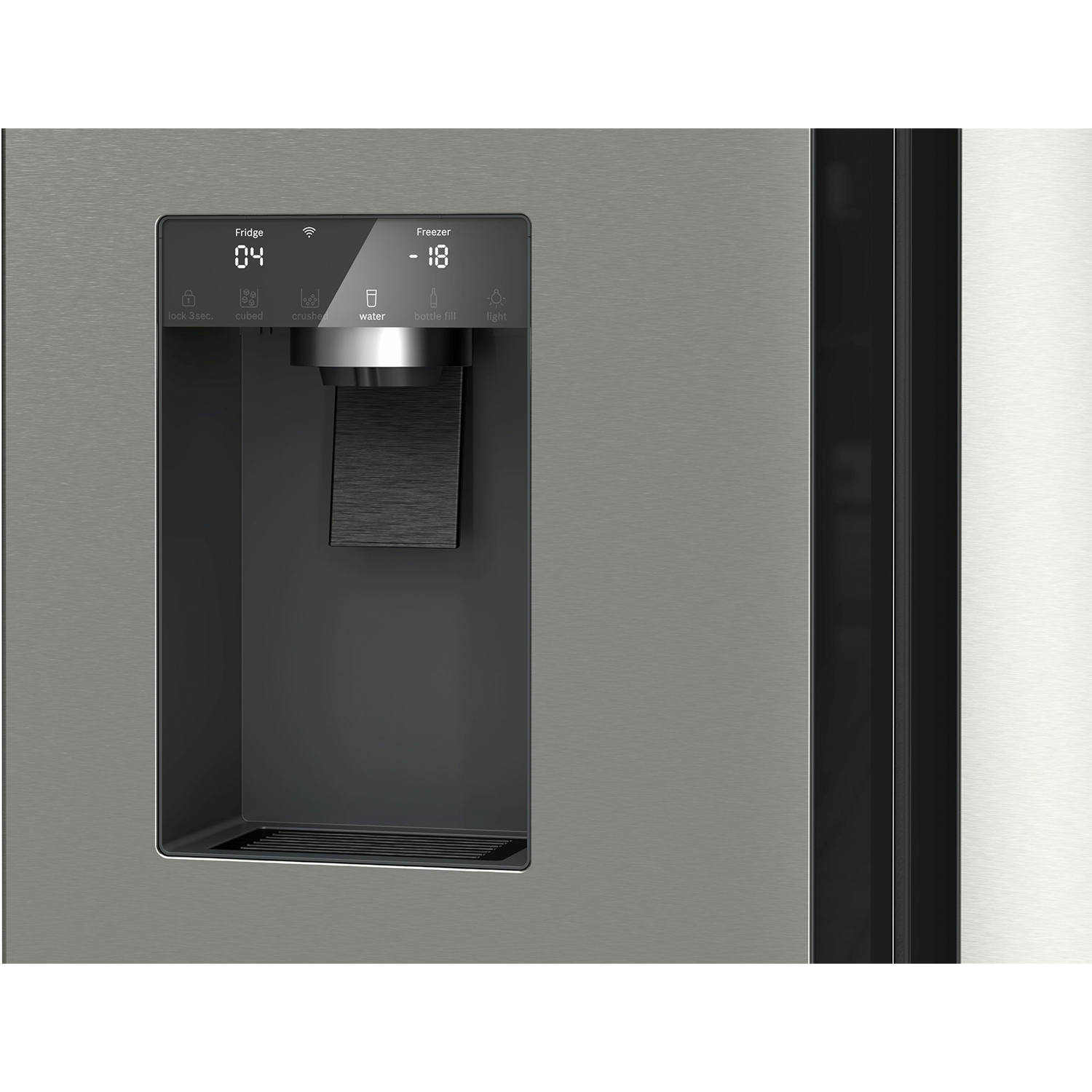 Porta del frigorifero con dispenser, mostra un display digitale.