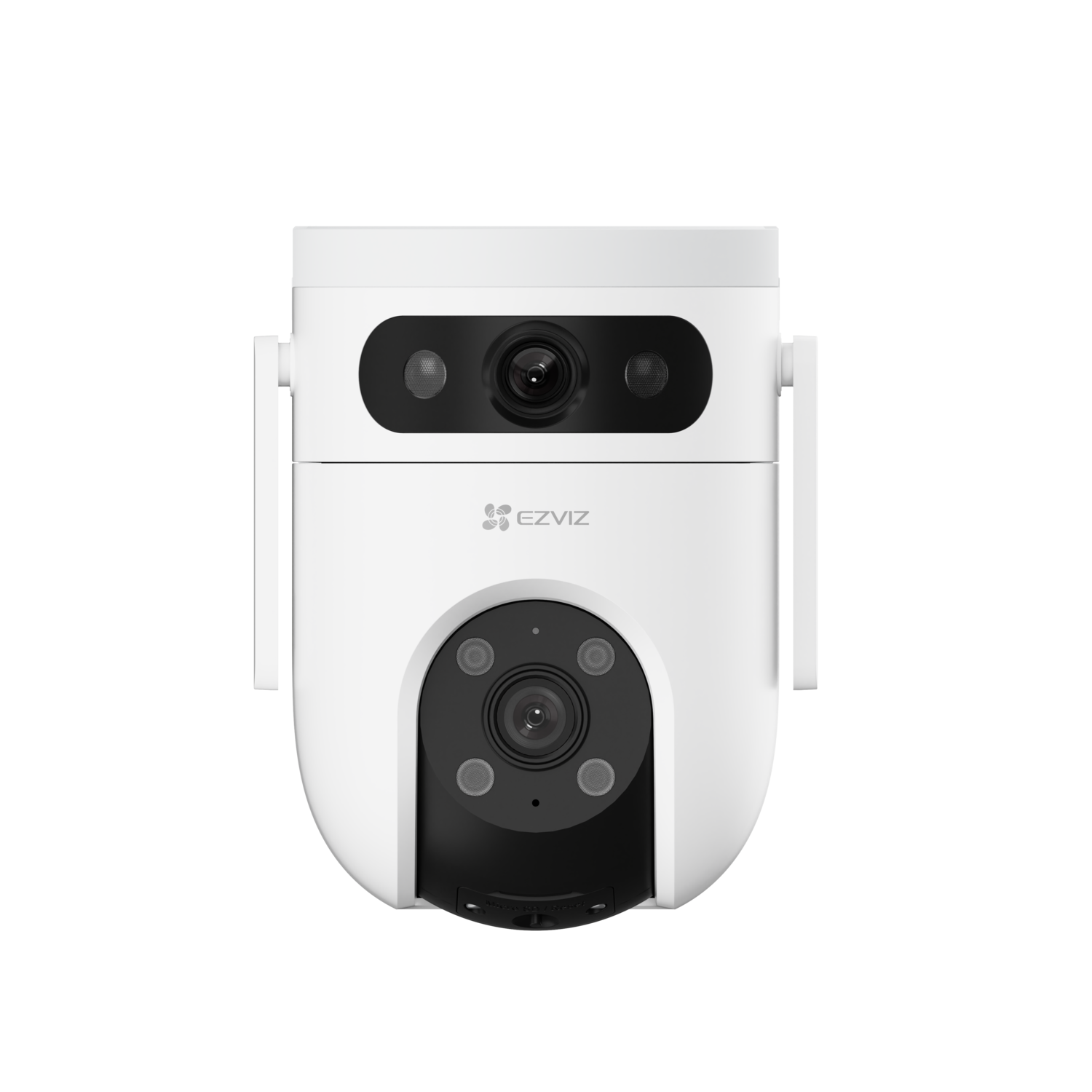 Witte EZVIZ beveiligingscamera met twee lenzen bovenop, één in het midden en twee antennes.