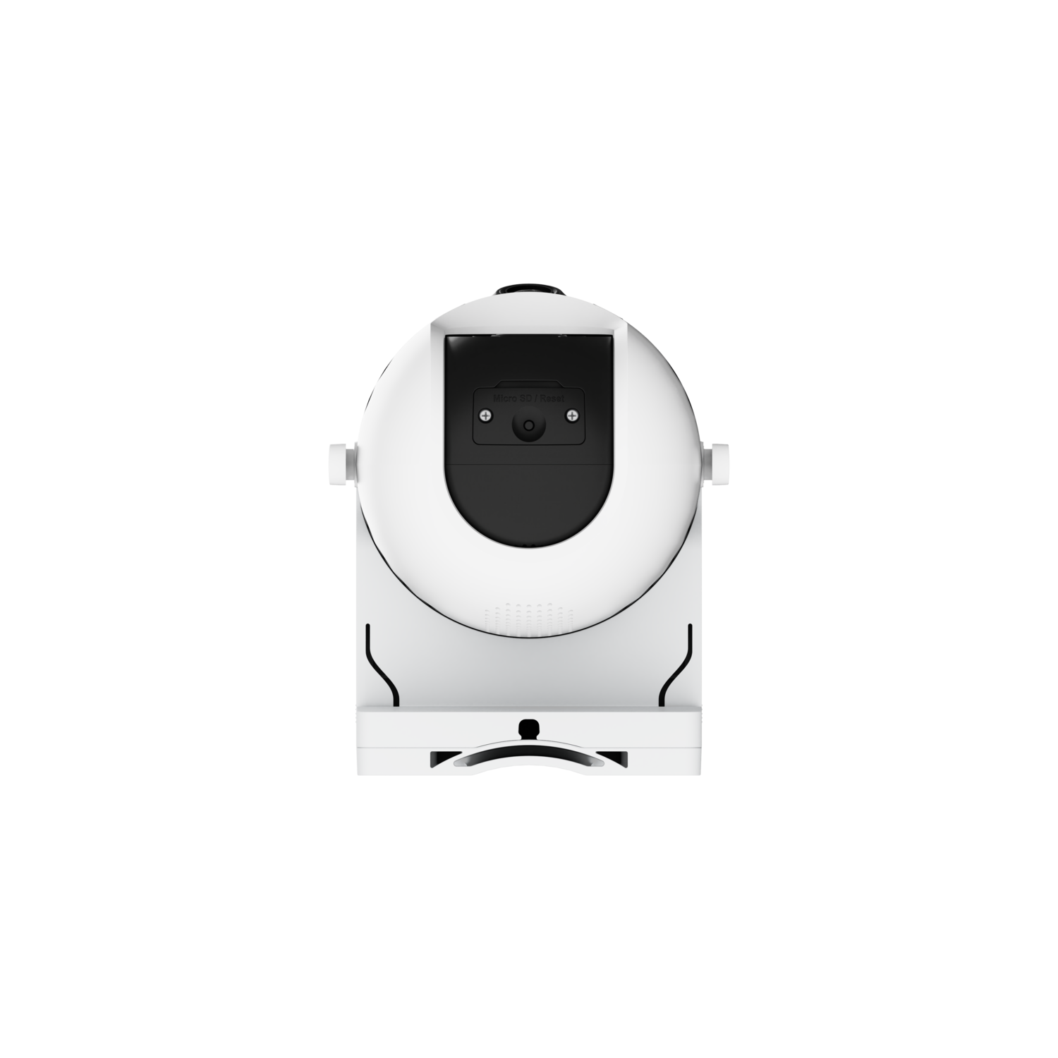 Een witte, cirkelvormige robotstofzuiger, van bovenaf bekeken, tegen een zwarte achtergrond.