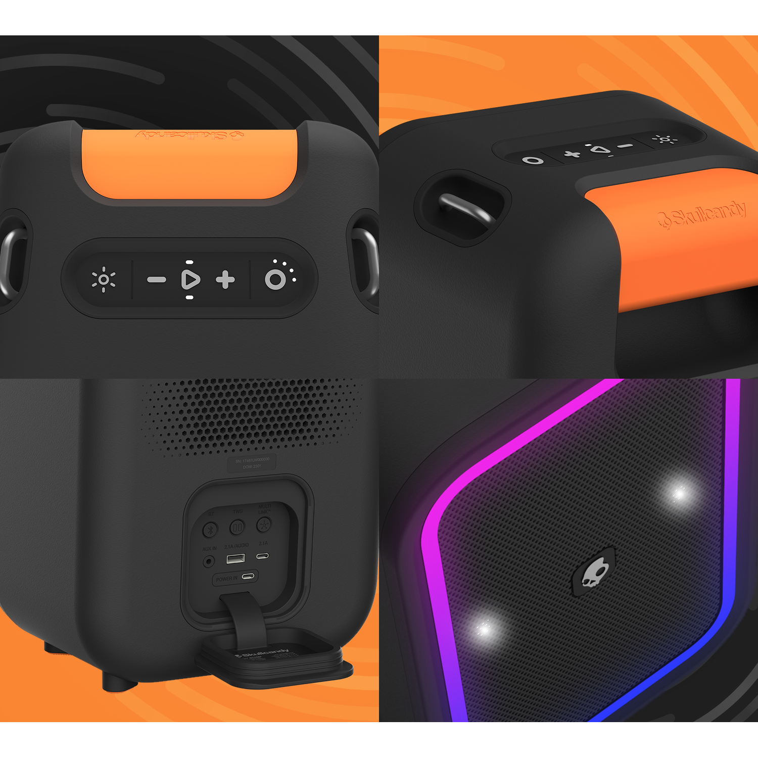 Multiple views of a black and orange speaker. It has various buttons and ports.