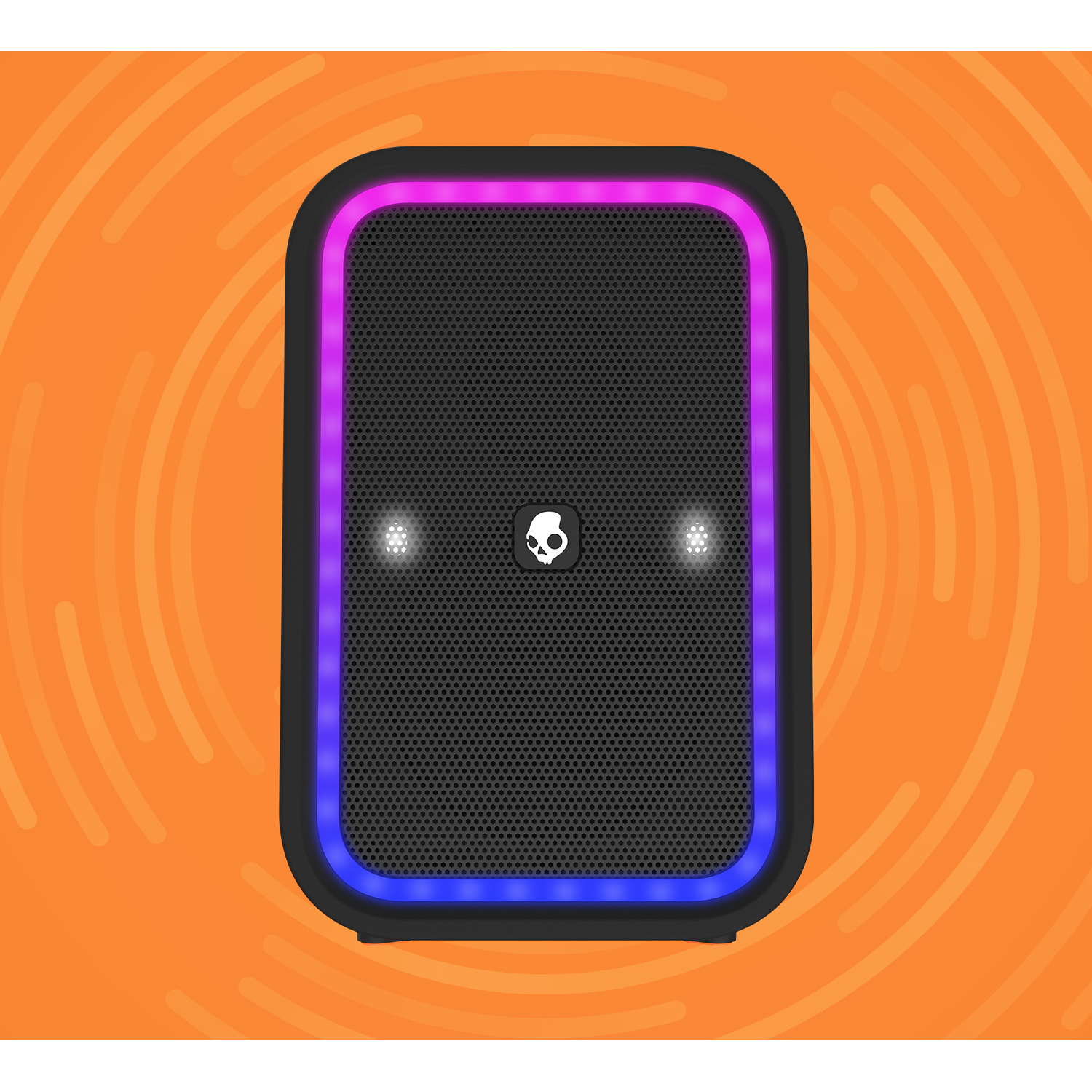 Black and gray speaker with colorful lights around the edges and a skull logo.