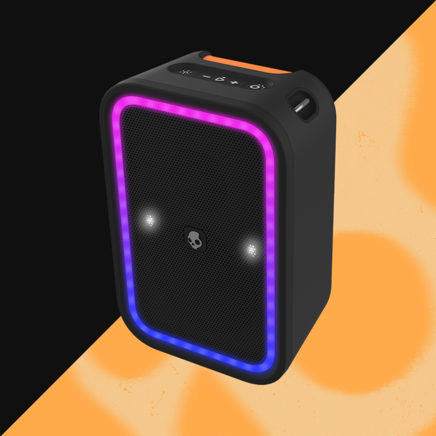 Black speaker with colorful LED light strips. The speaker has a skull logo and control buttons on top.