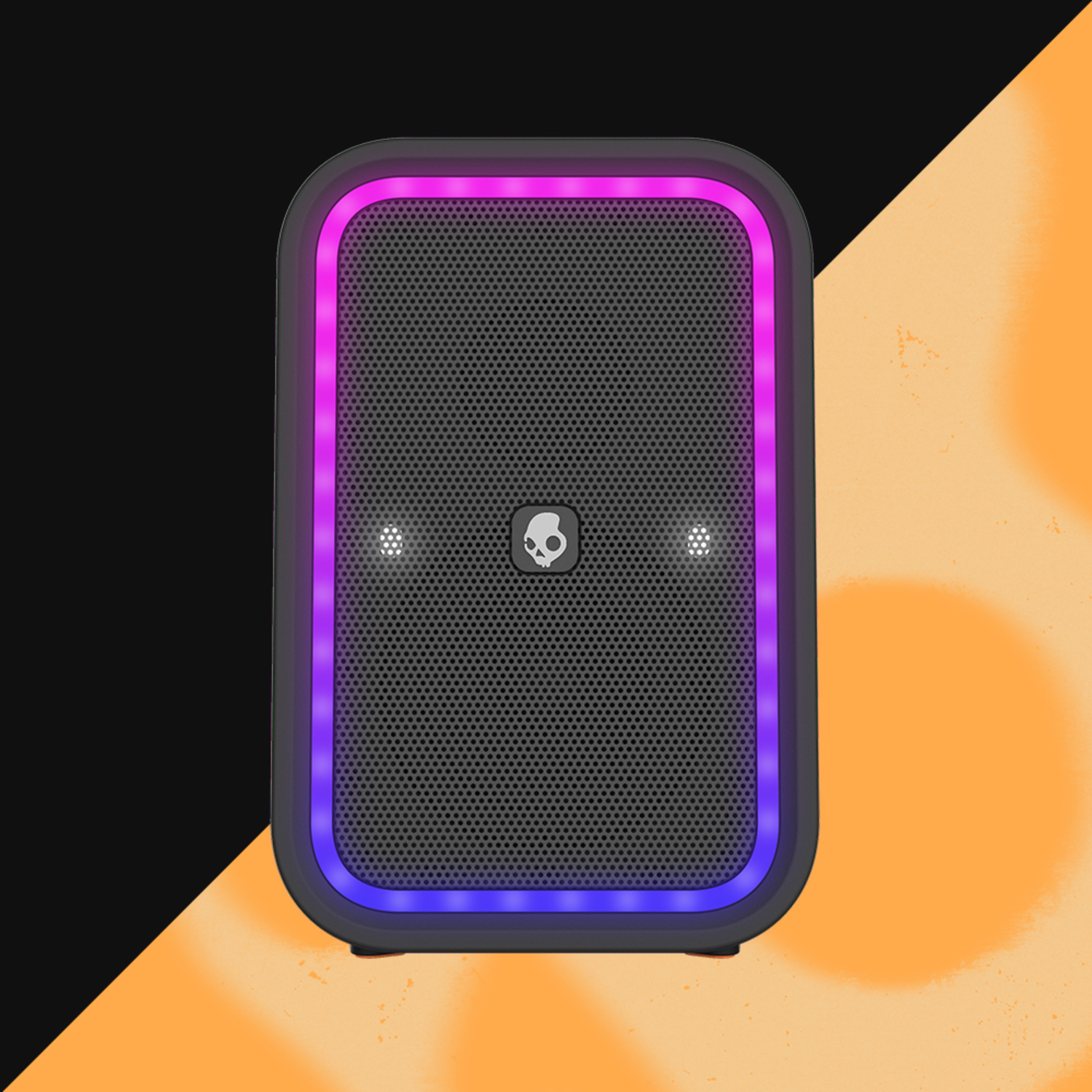 Black speaker with a mesh front, lit with purple and blue lights.