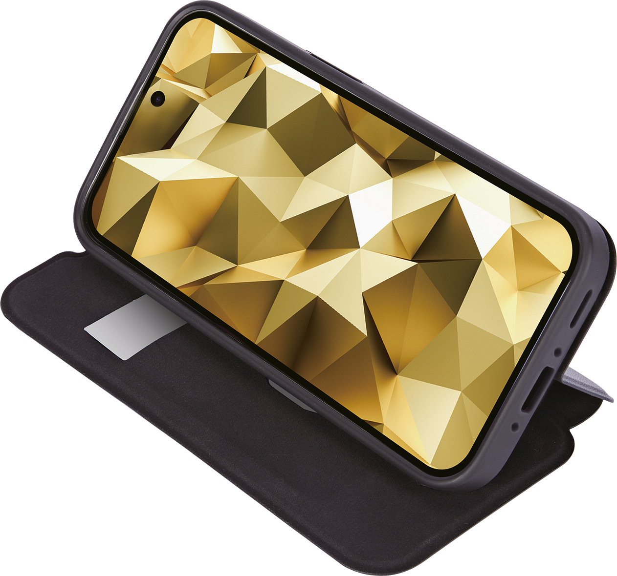 Telefon in schwarzem Case, offen, mit goldenem geometrischen Hintergrund.