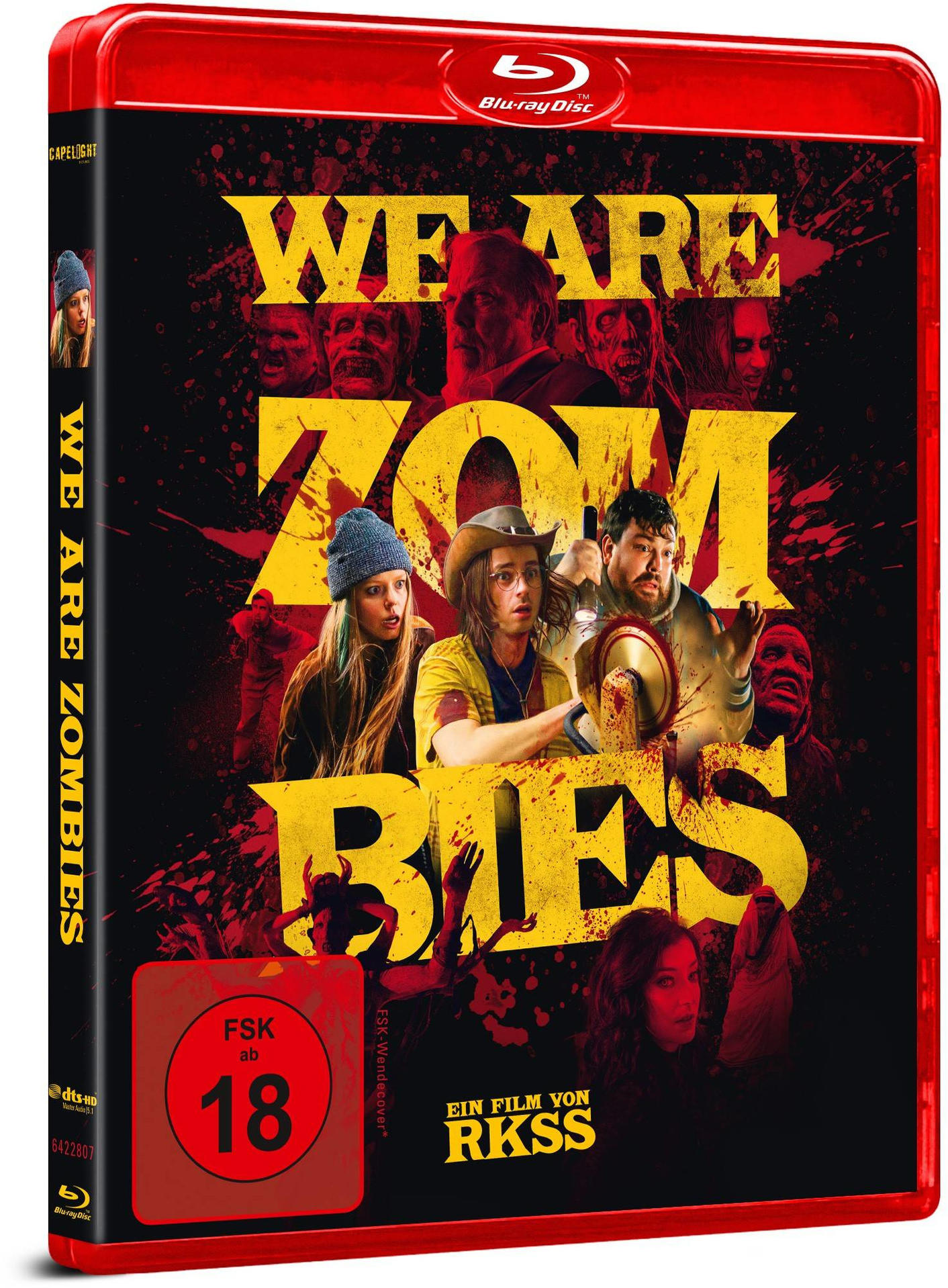 Filmcover mit Zombies und Menschen, Blutspritzer-Effekt, roter Hintergrund.